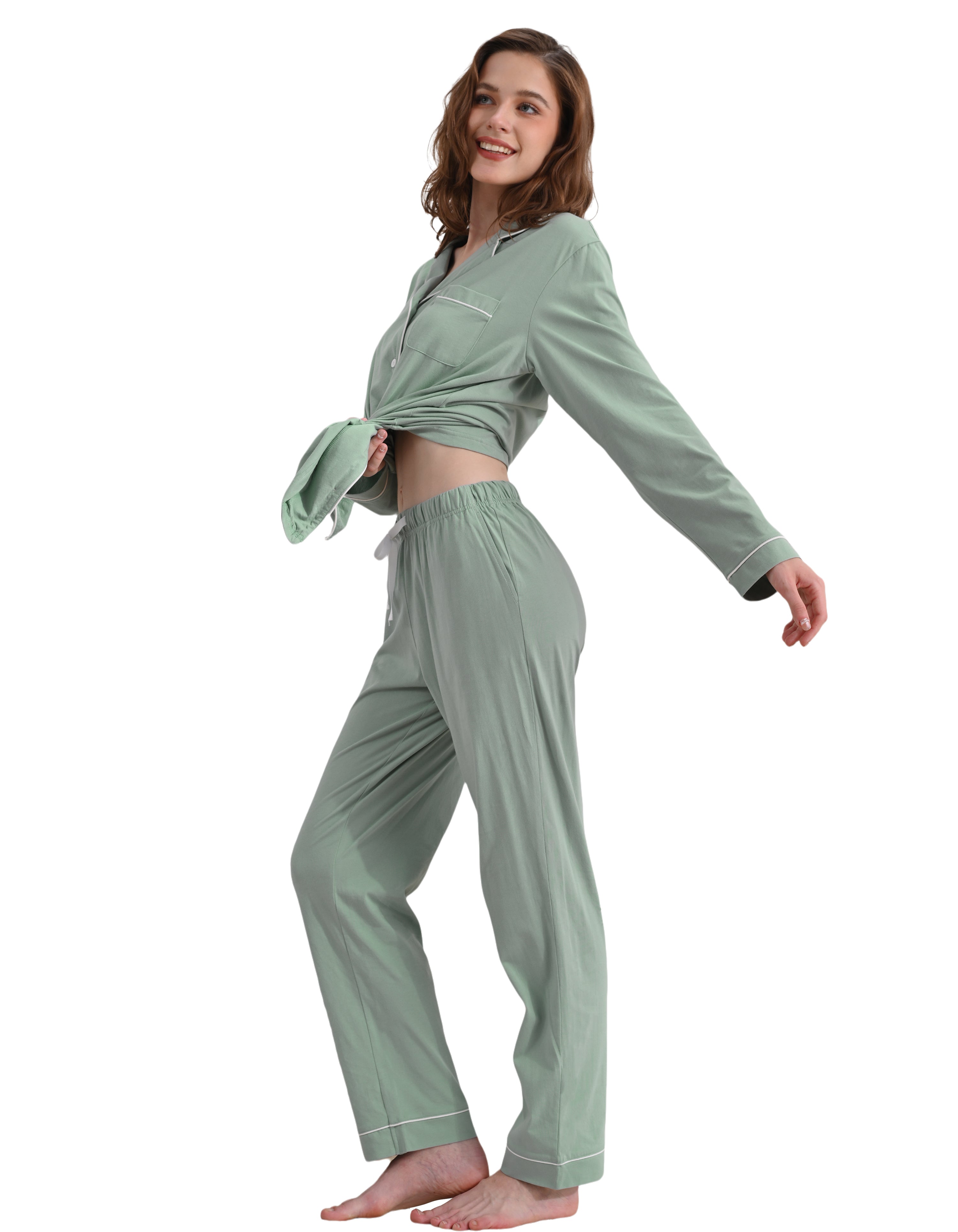Green solid women’s knit cotton pajama set front view on white background
