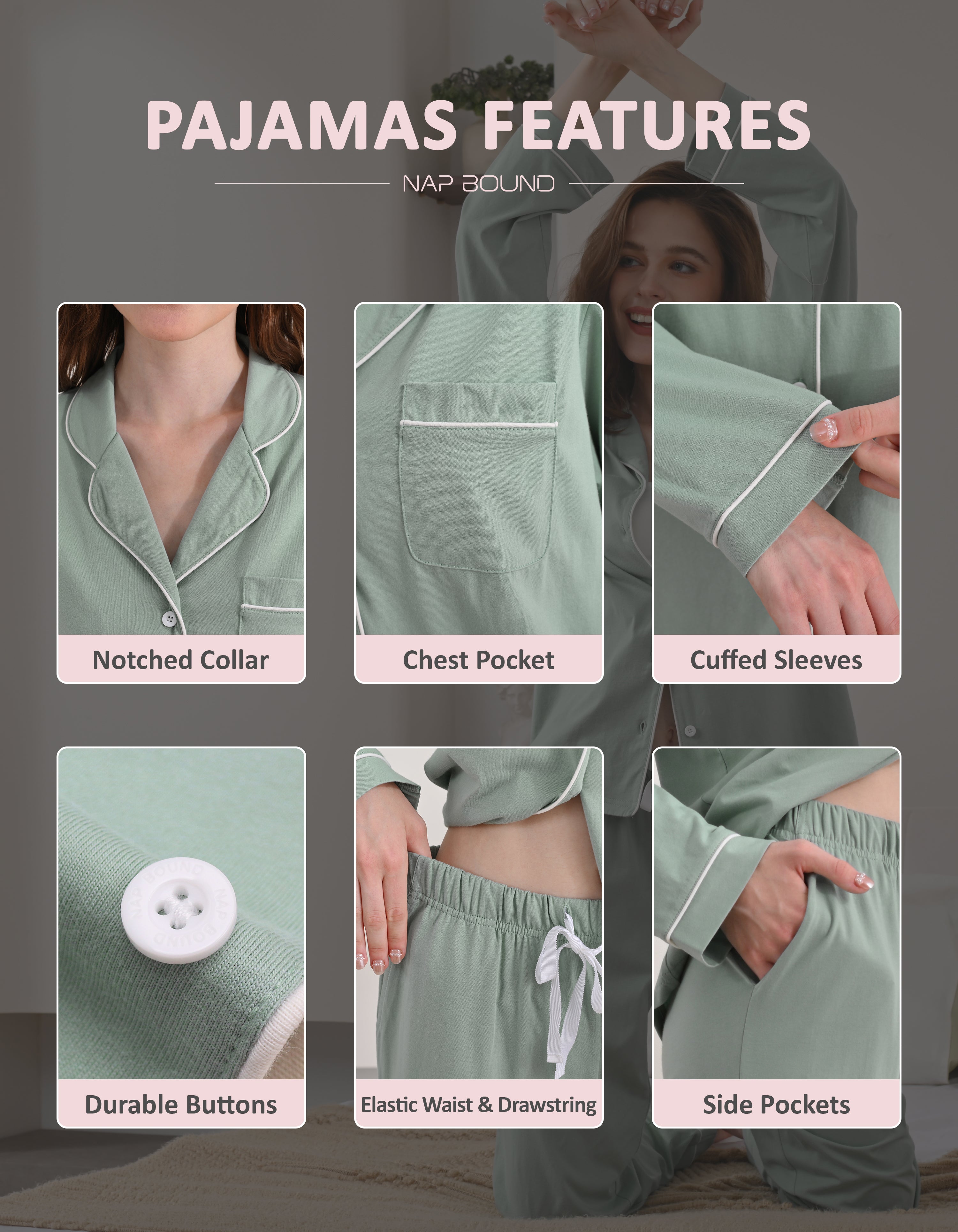 Design details of green pajamas including notched collar, chest pocket, cuffed sleeves, and drawstring waist