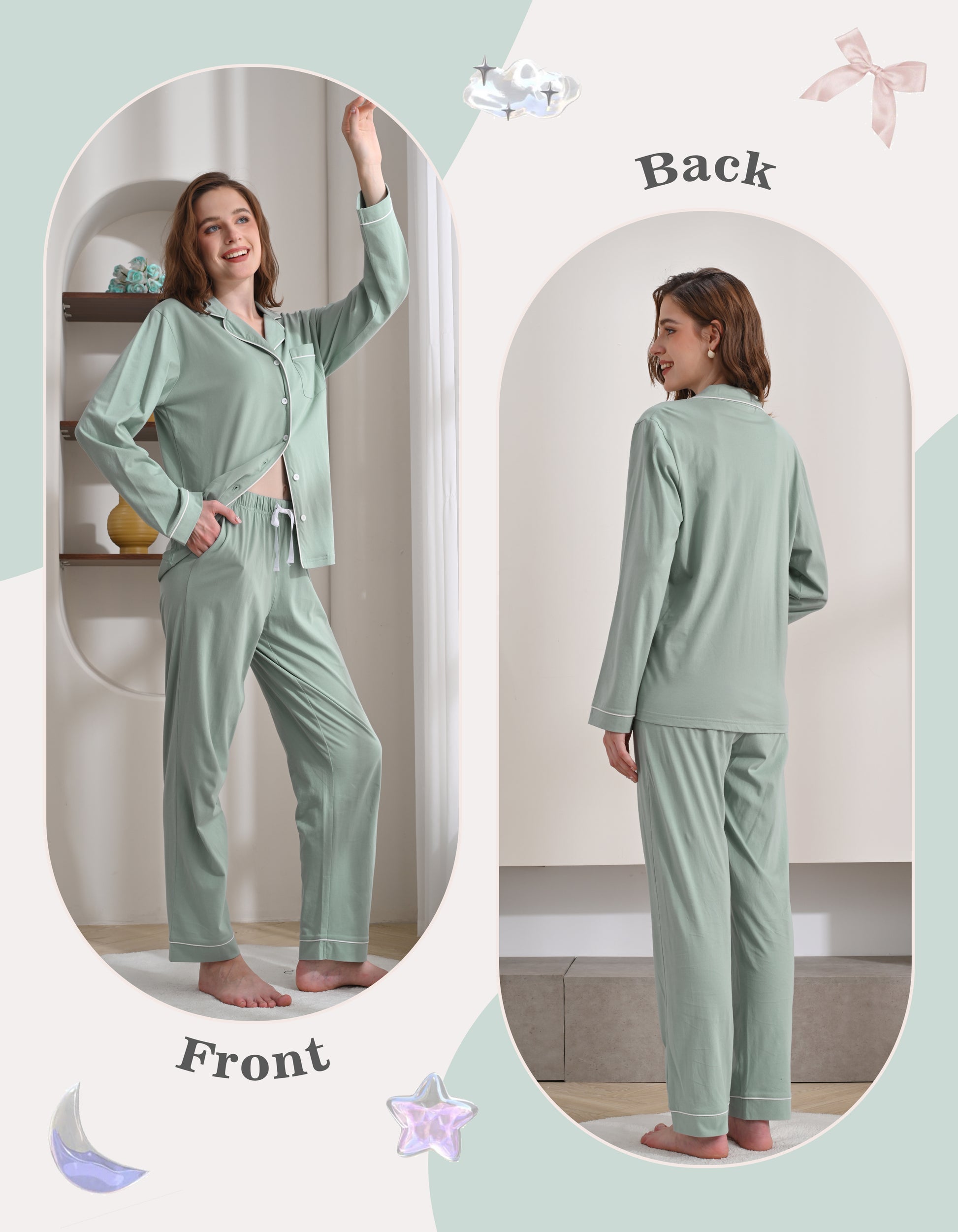 Front and back view comparison of green women’s knit cotton pajama set