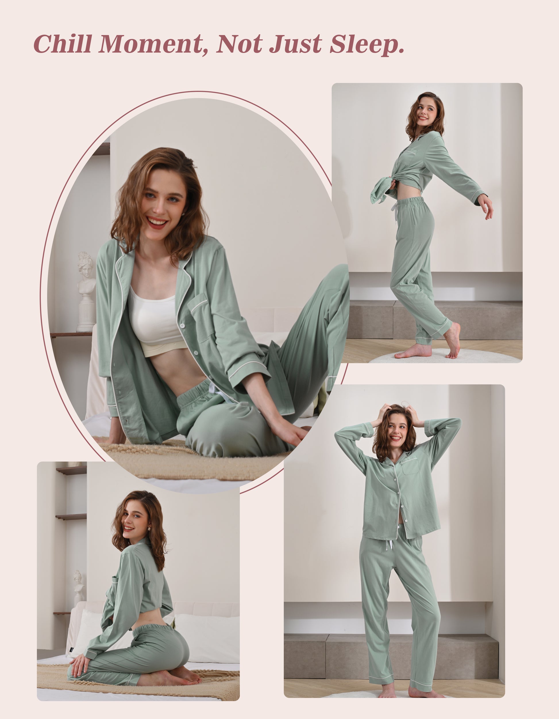 Model wearing green knit cotton pajamas in cozy home and relaxing scenes