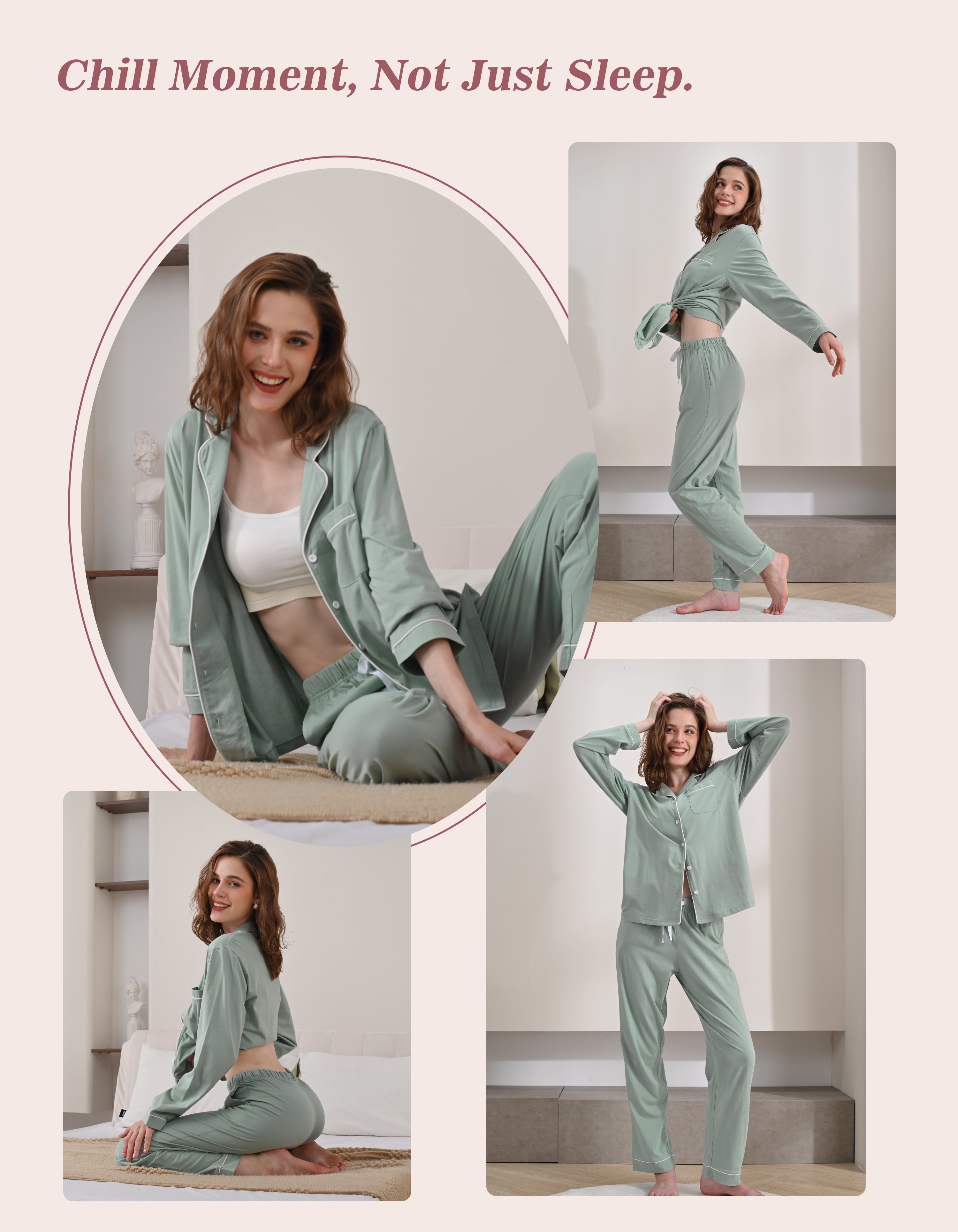 Model wearing green knit cotton pajamas in cozy home and relaxing scenes
