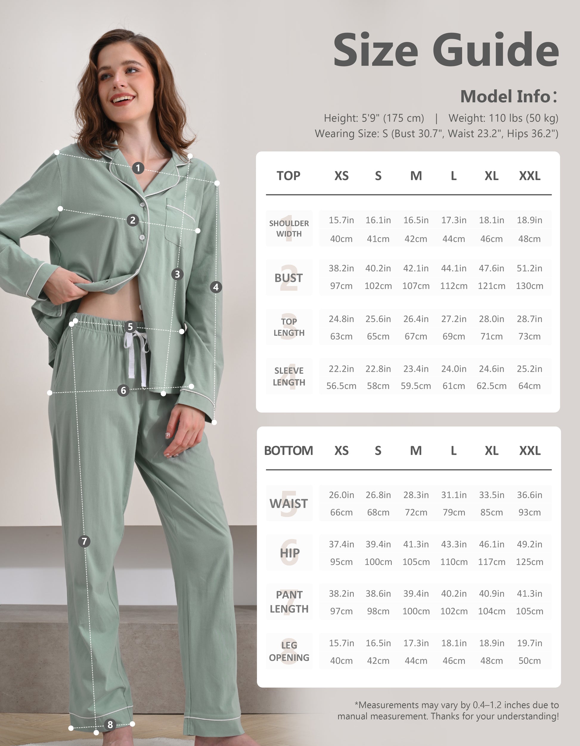 Size chart for women’s green knit cotton pajama set top and pants