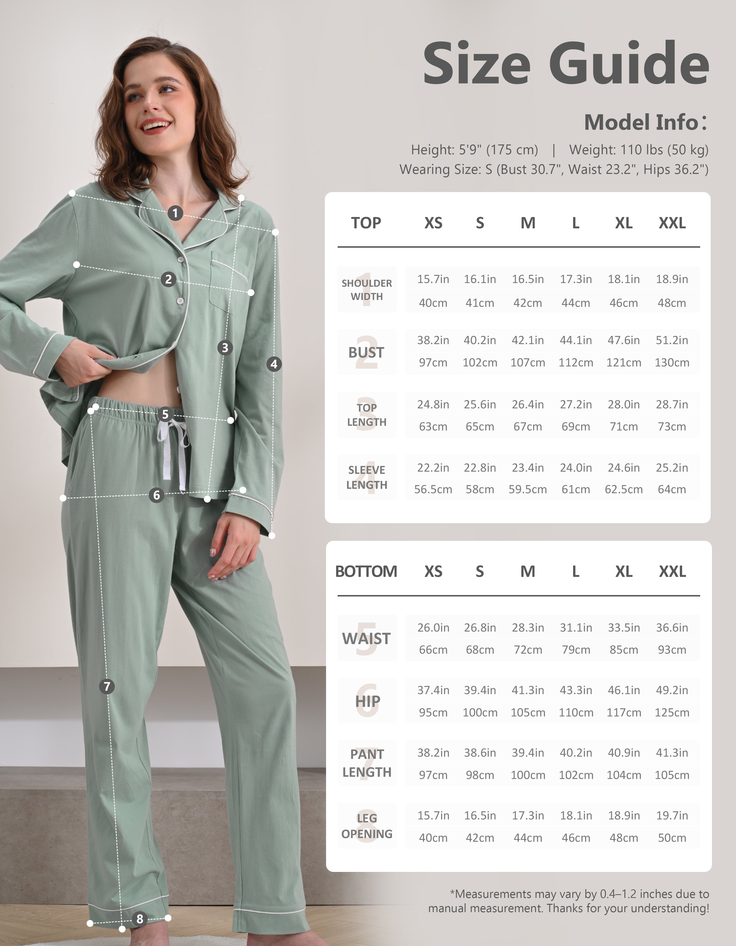 Size chart for women’s green knit cotton pajama set top and pants