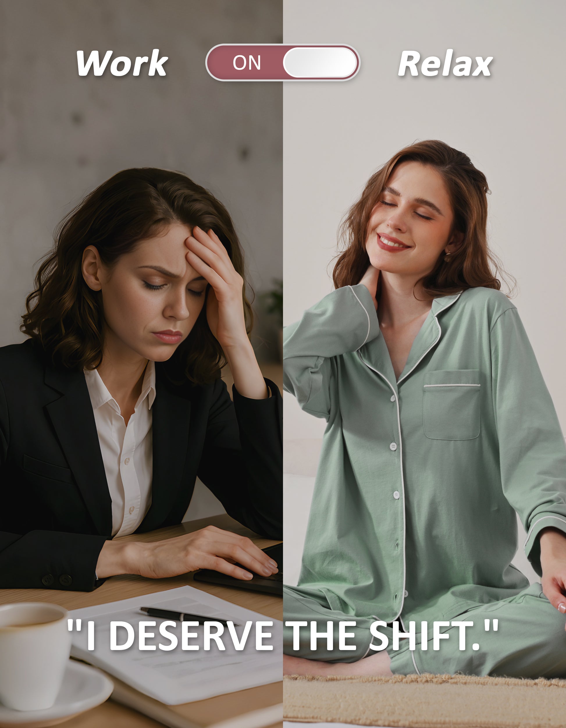 Work to relax lifestyle comparison showing women wearing green knit cotton pajamas