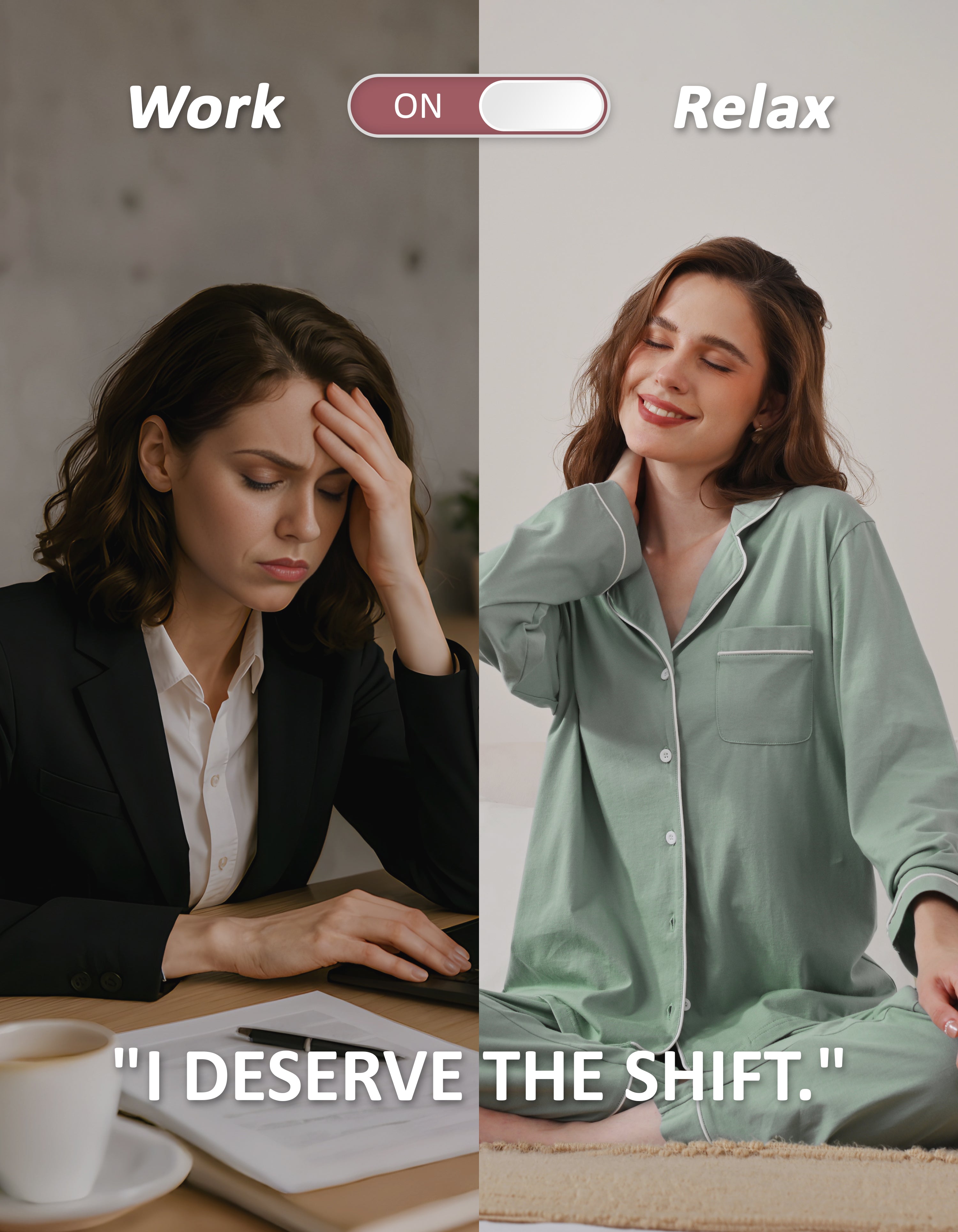 Work to relax lifestyle comparison showing women wearing green knit cotton pajamas