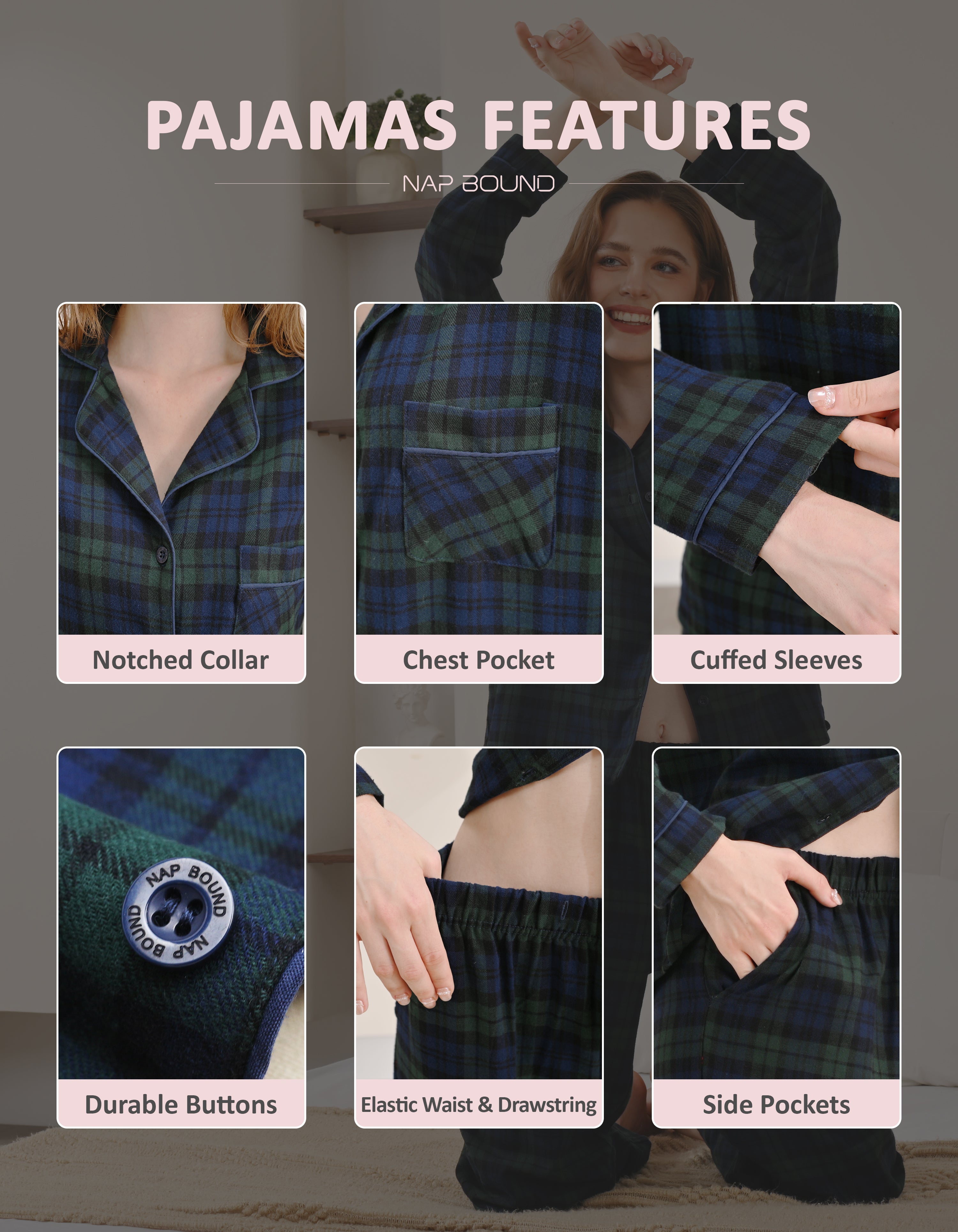 Design details of green plaid pajamas including notched collar, chest pocket, cuffed sleeves, and drawstring waist