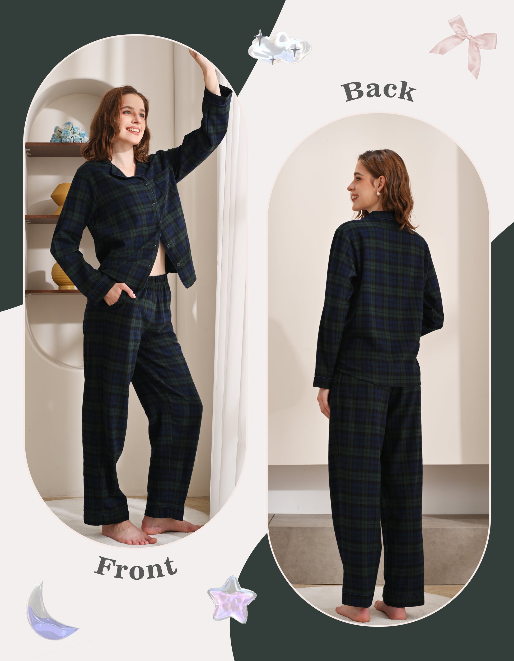 Front and back view comparison of green plaid women’s woven cotton pajama set