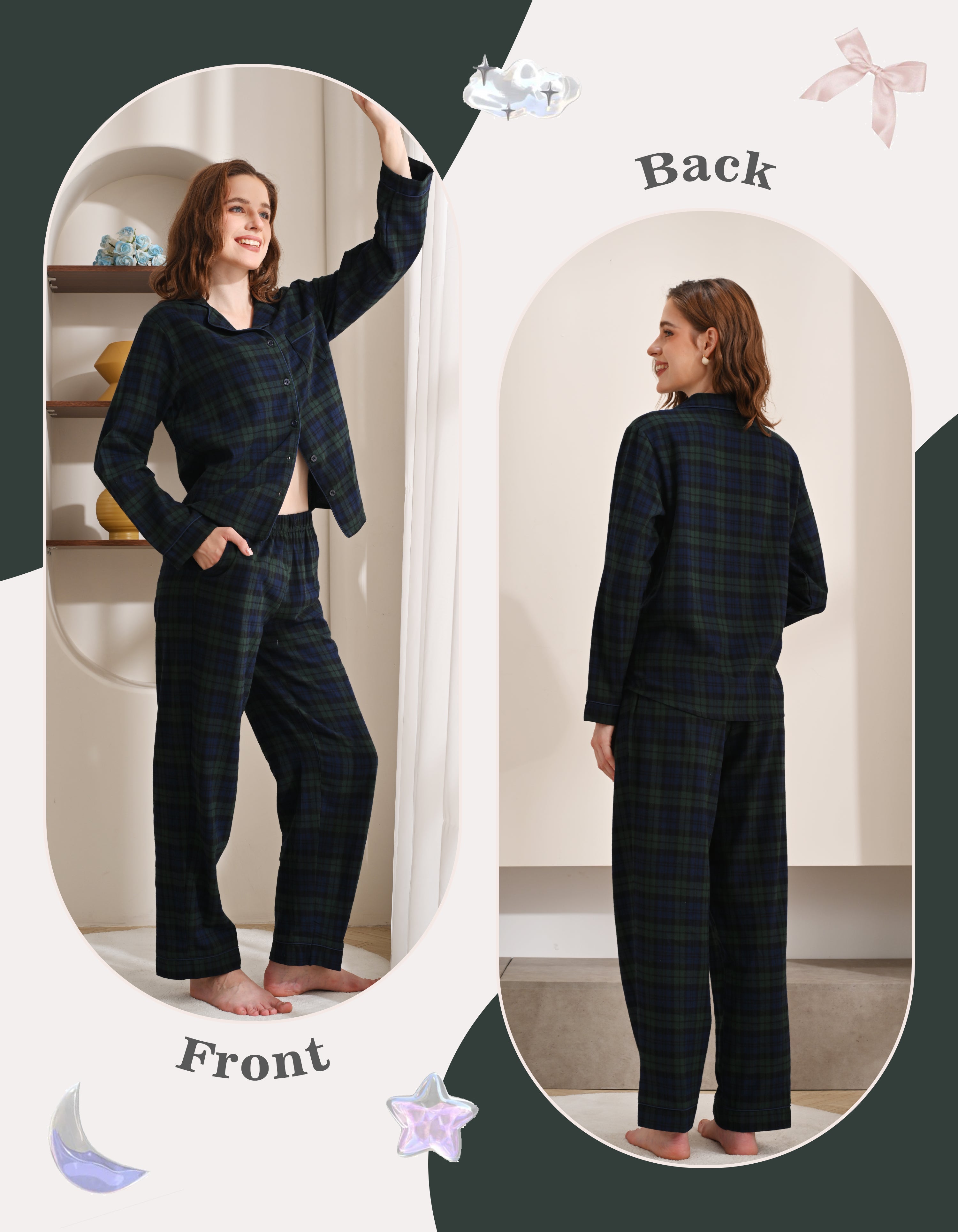 Front and back view comparison of green plaid women’s woven cotton pajama set