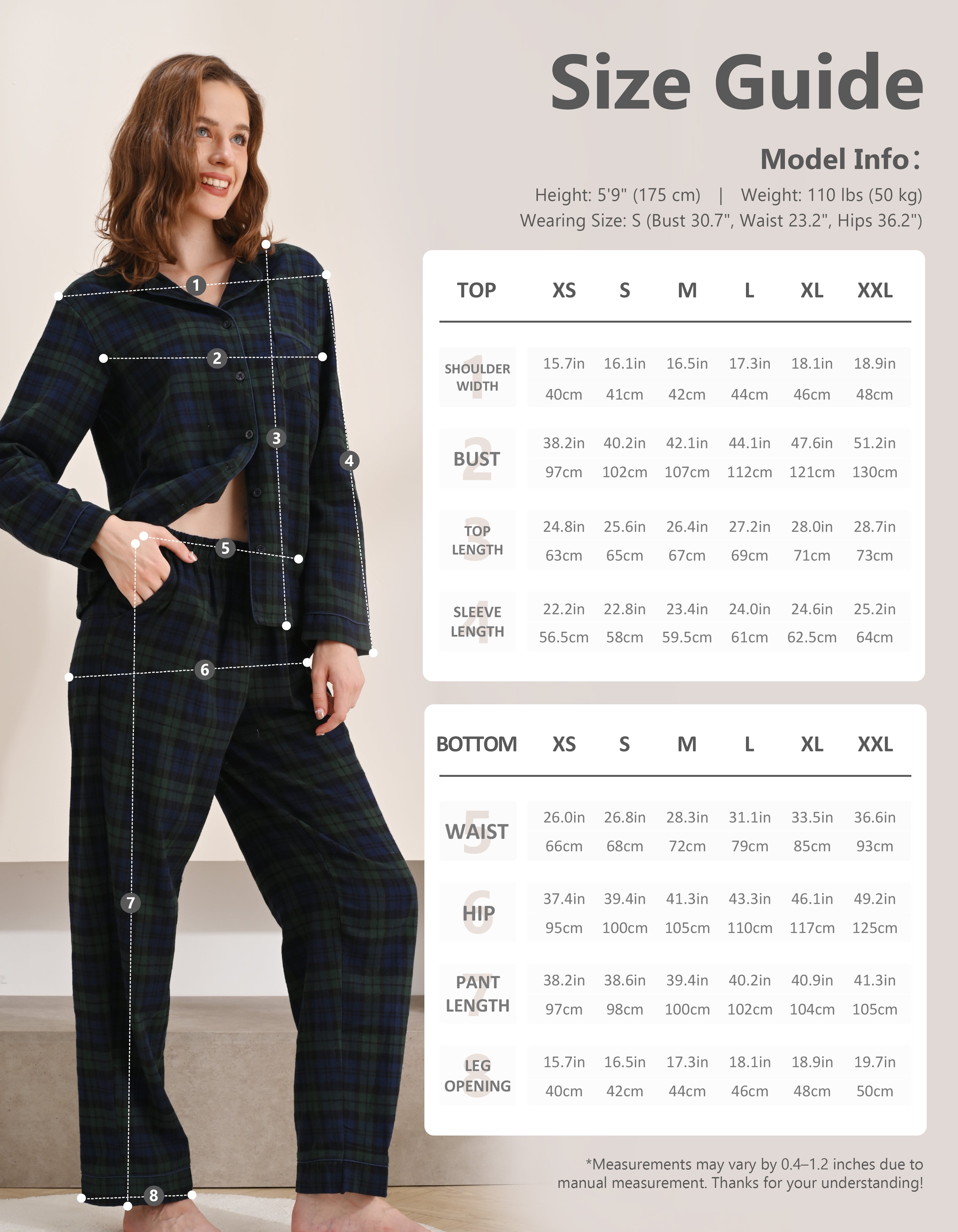 Size chart for women’s green plaid woven cotton pajama set top and pants