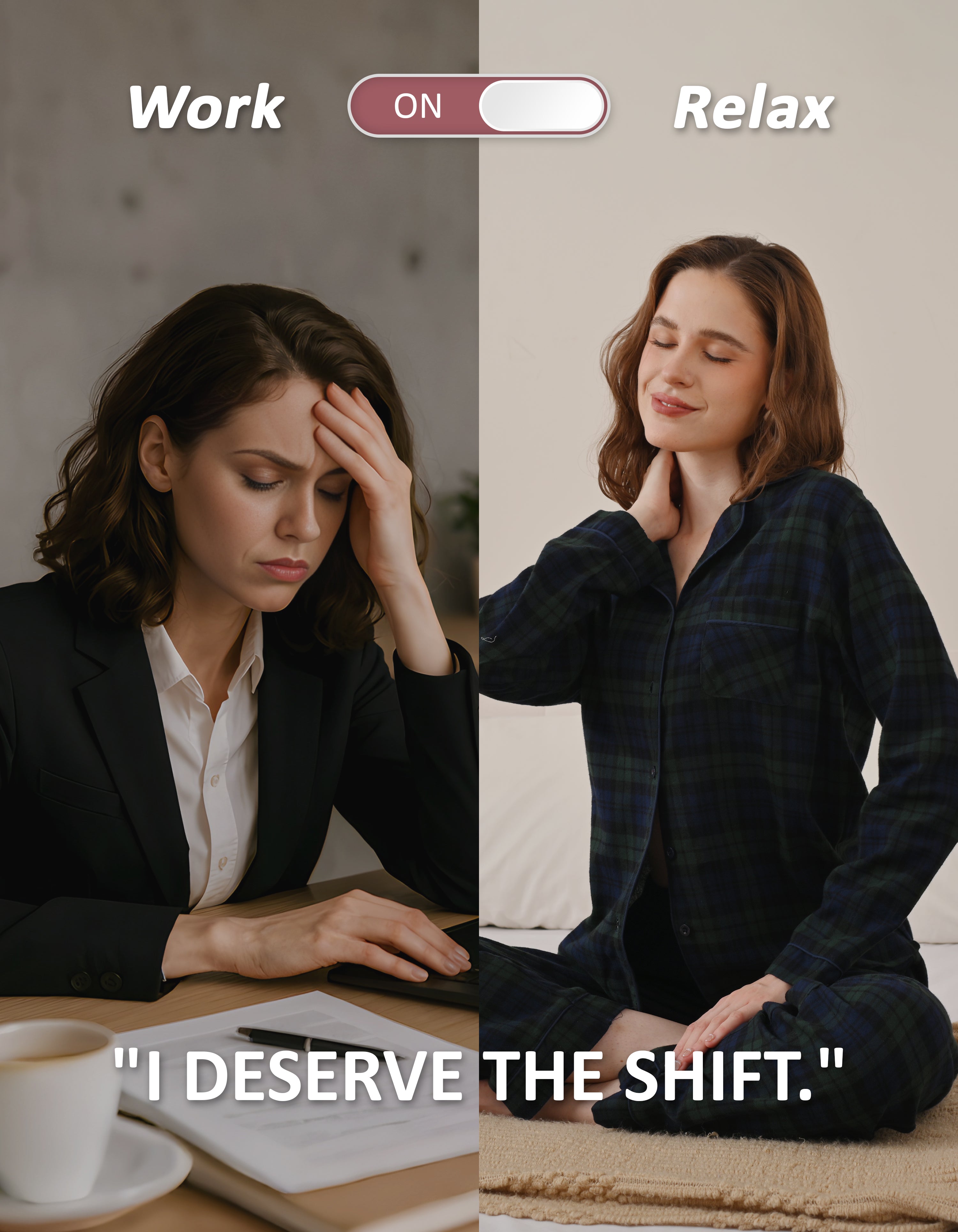 Work to relax lifestyle comparison showing women wearing green plaid woven cotton pajamas
