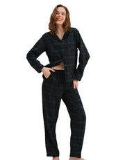 Green plaid women’s woven cotton pajama set front view on white background