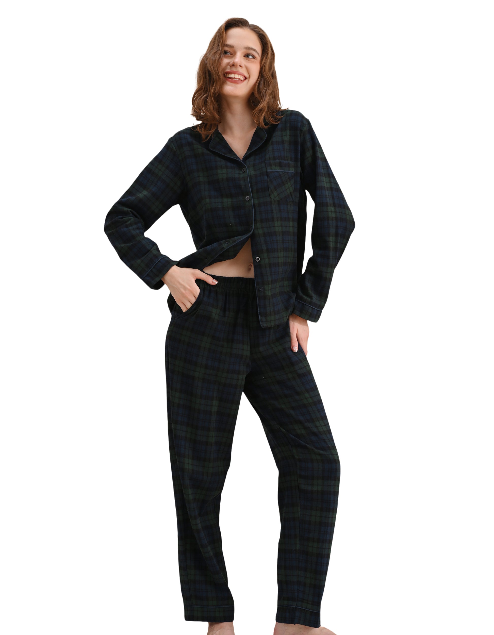 Green plaid women’s woven cotton pajama set front view on white background