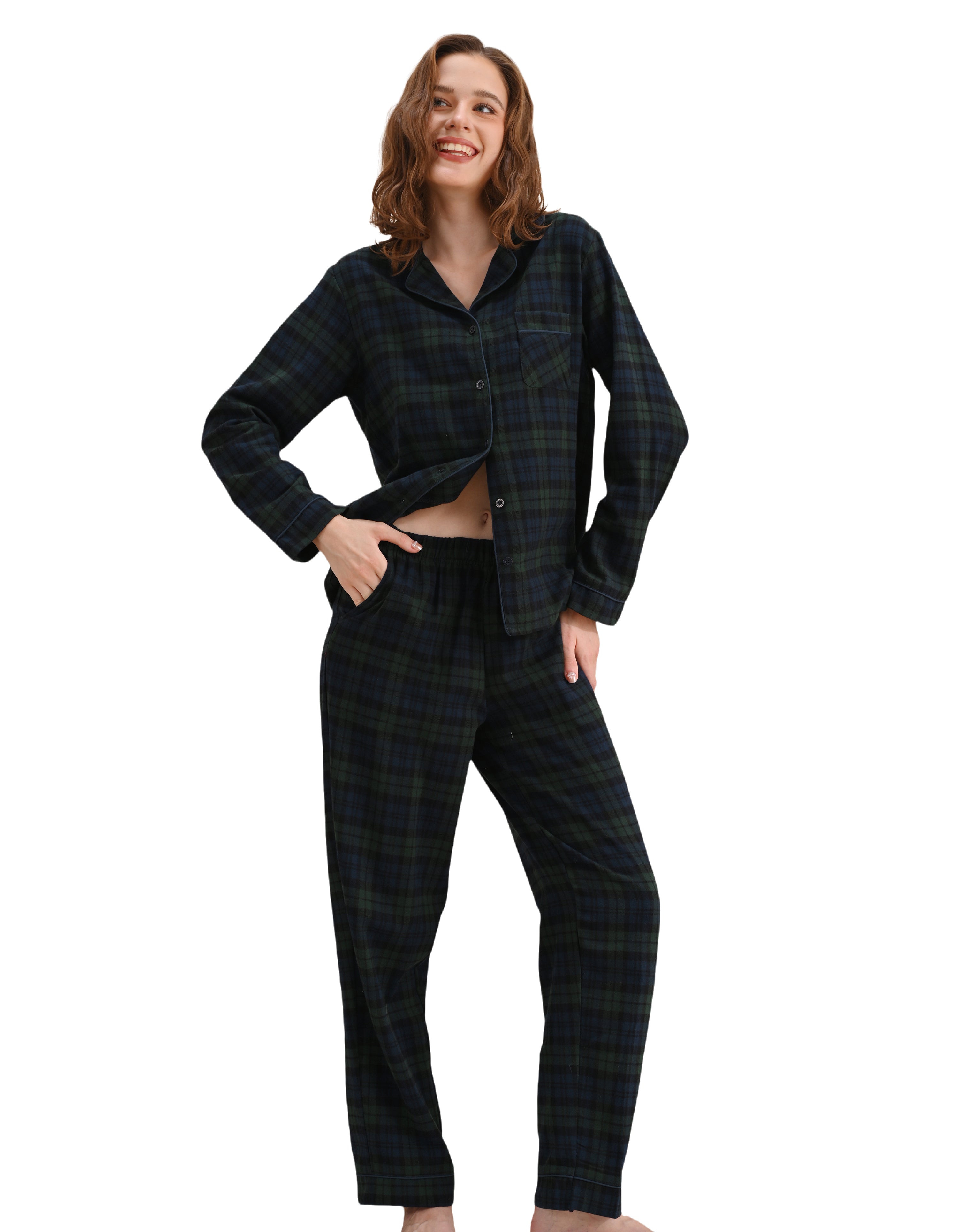 Green plaid women’s woven cotton pajama set front view on white background