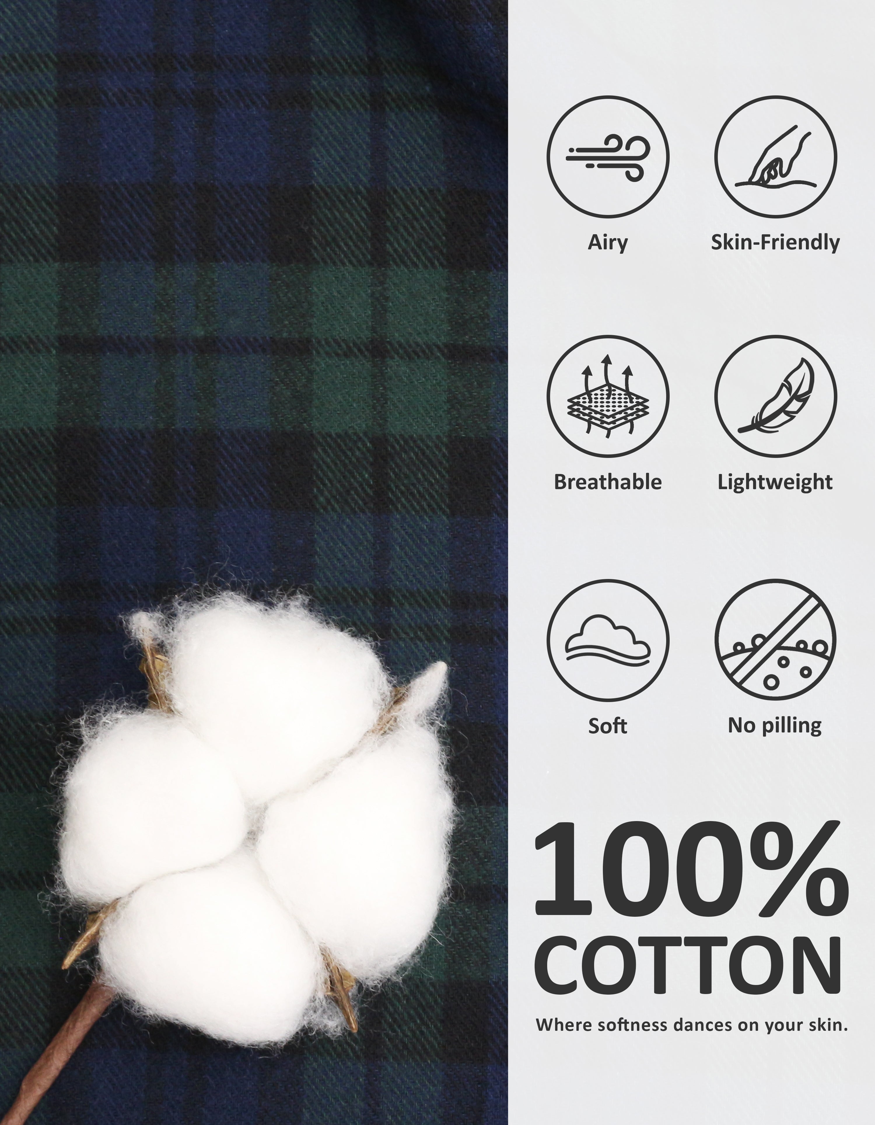 Close-up of green plaid woven cotton pajama fabric showing breathability and softness