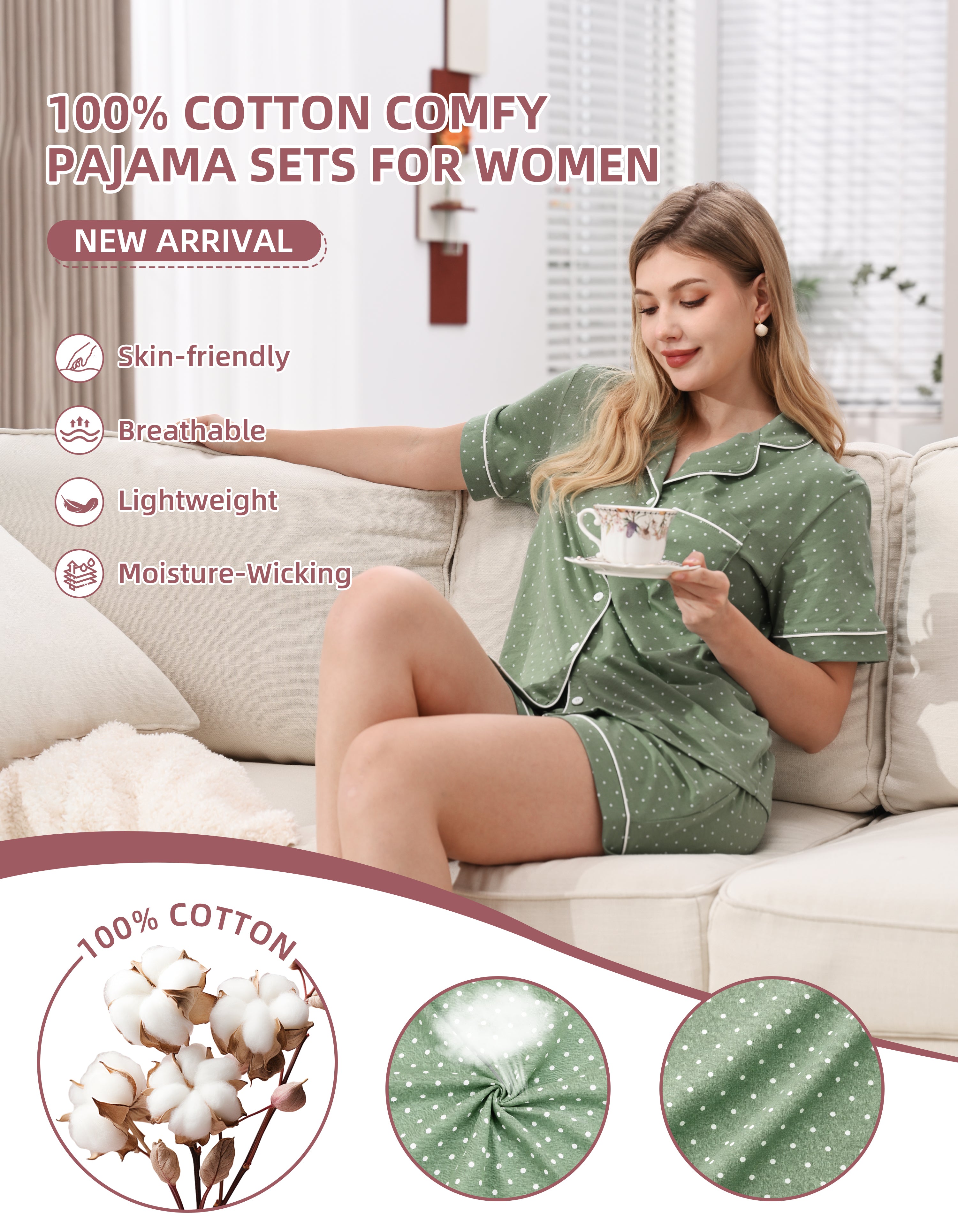 Close-up of sage green polka dot knit cotton pajama fabric