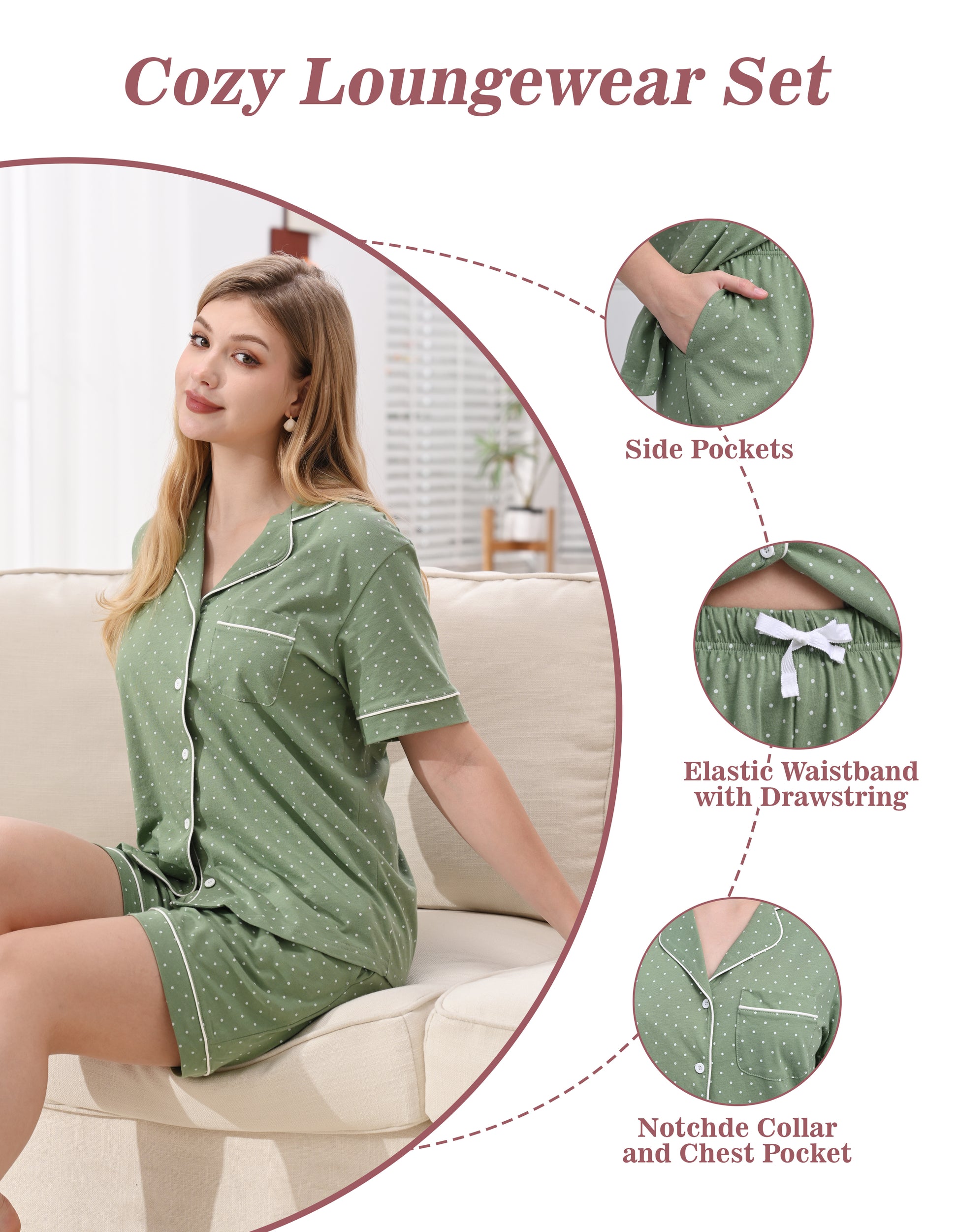 Sage green polka dot pajamas with notched collar and elastic waistband