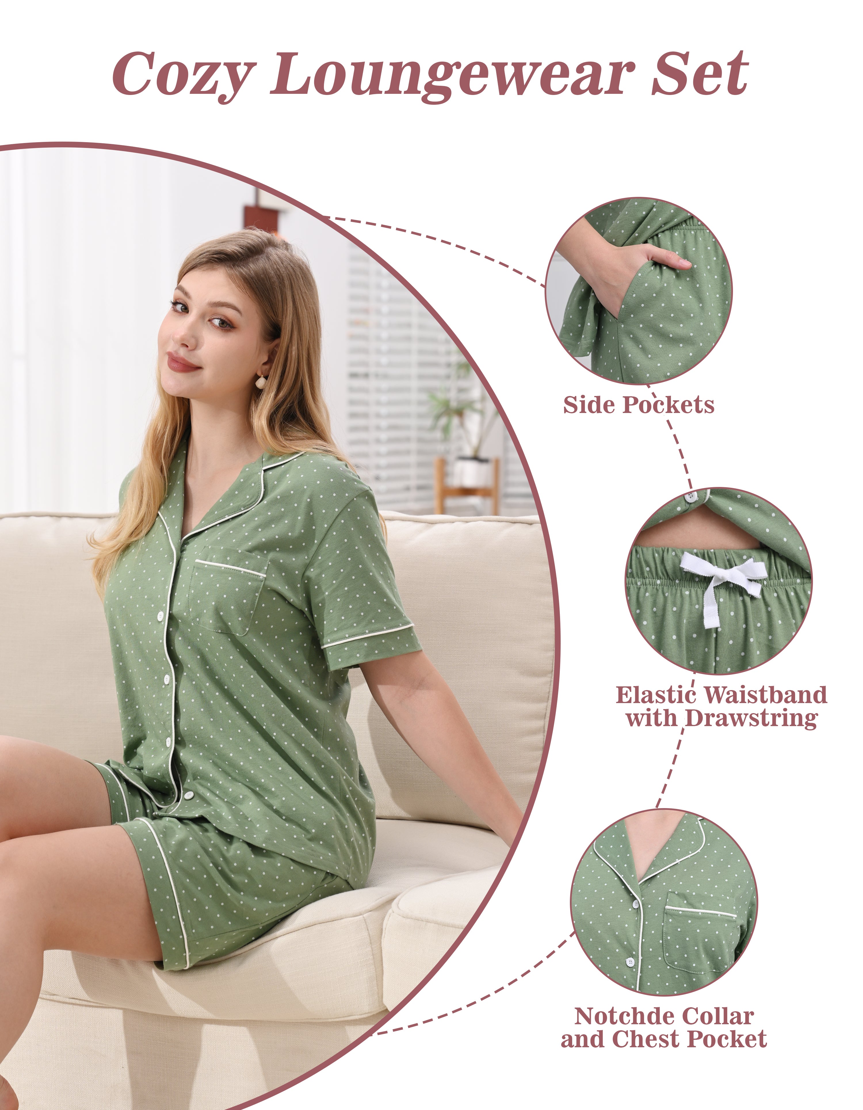 Sage green polka dot pajamas with notched collar and elastic waistband