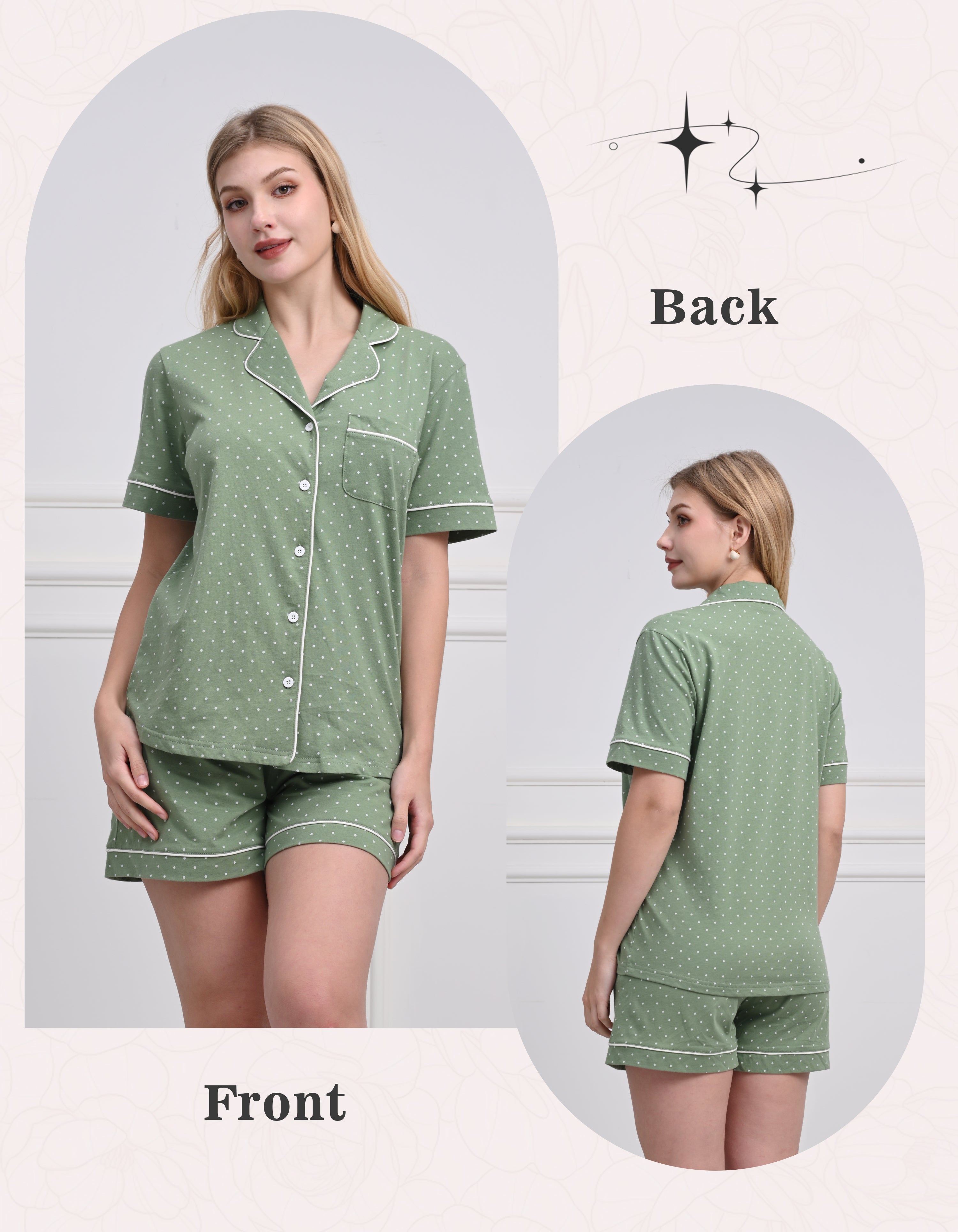 Front and back view of sage green polka dot women’s pajama set