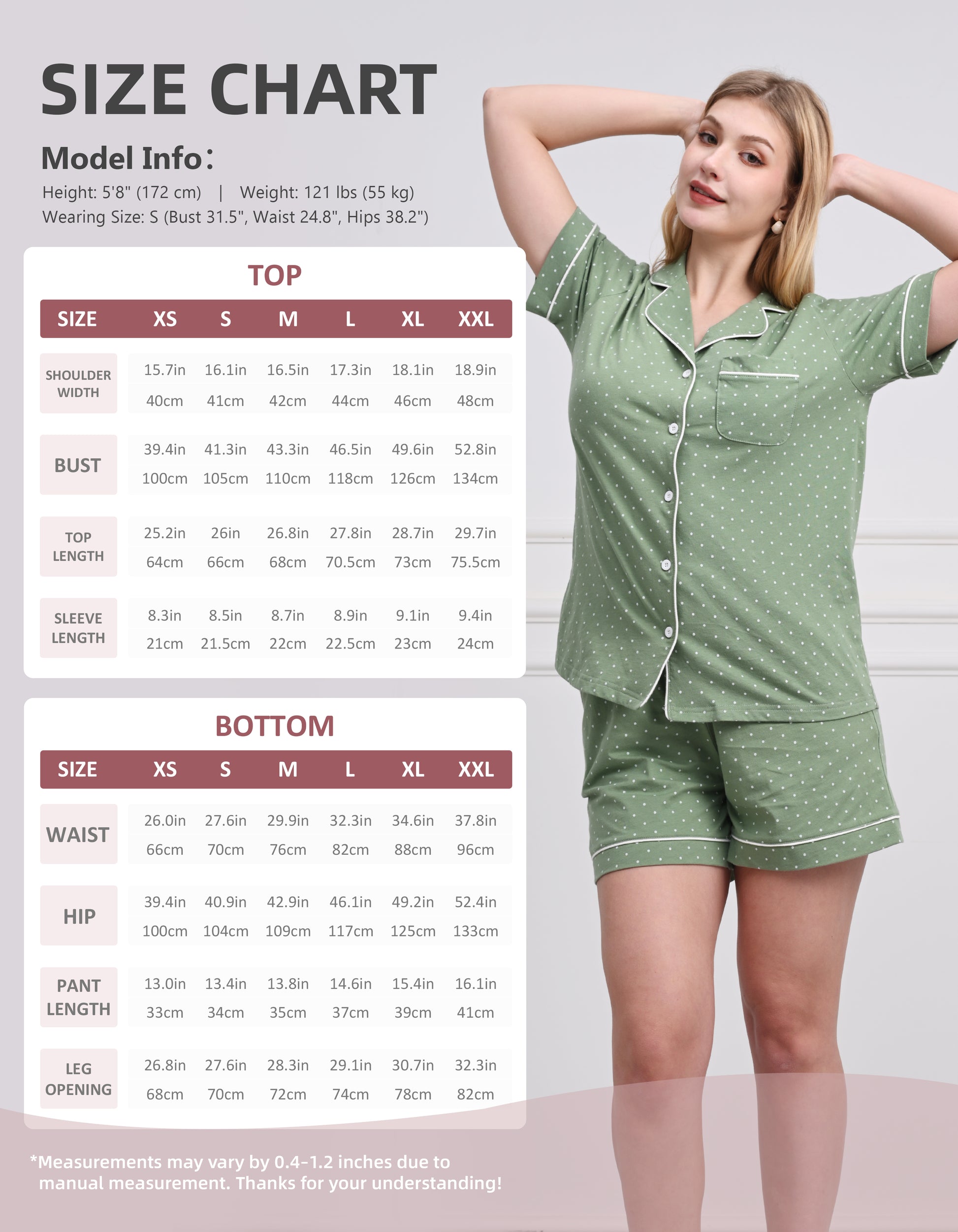 Size chart for sage green polka dot cotton pajama set
