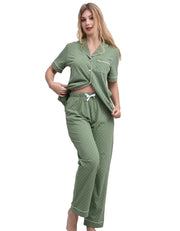 Women’s green and white polka dot cotton pajama set short sleeve front view