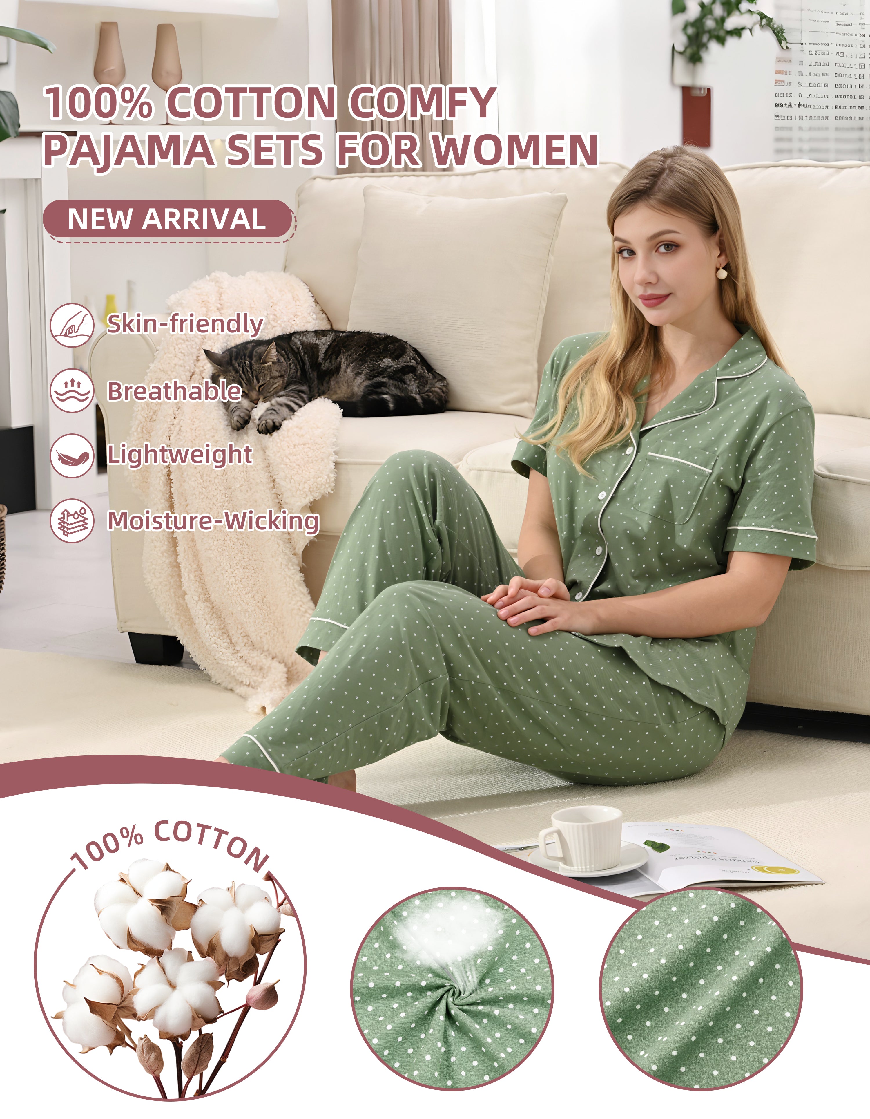 Close up of green and white polka dot 100 percent knit cotton fabric