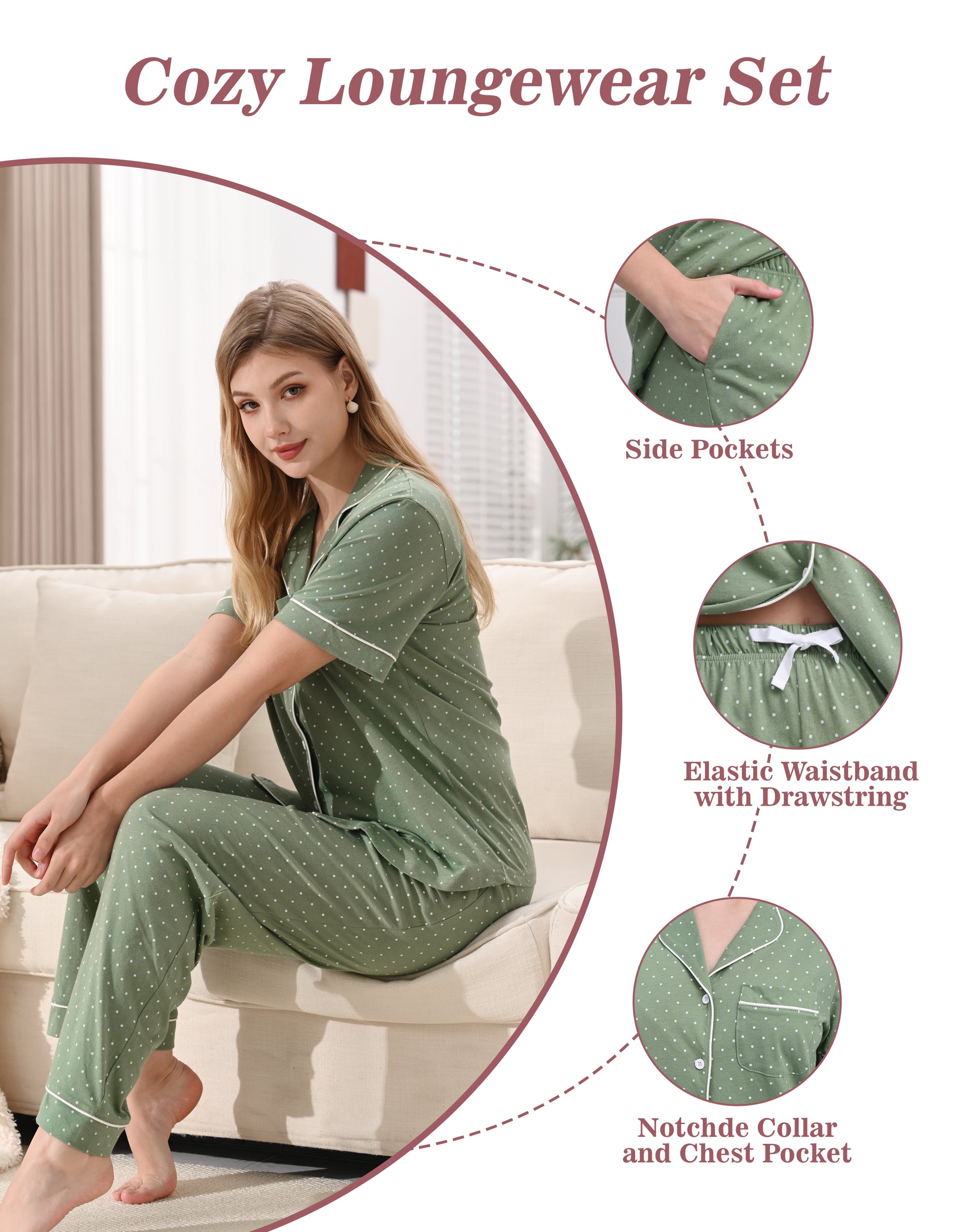 Green white polka dot pajama set with notched collar elastic waistband and side pockets