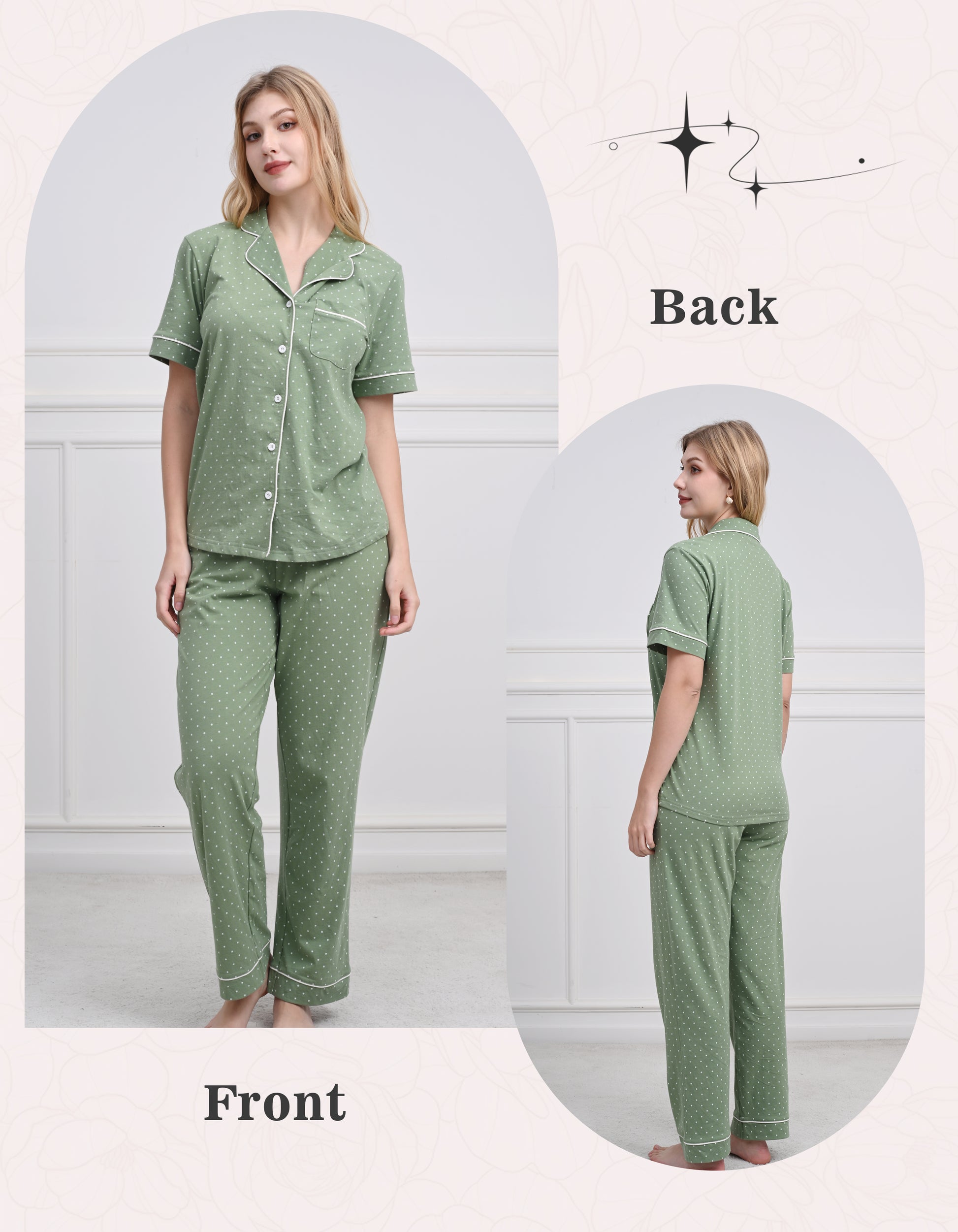 Front and back view of women green white polka dot short sleeve pajama set