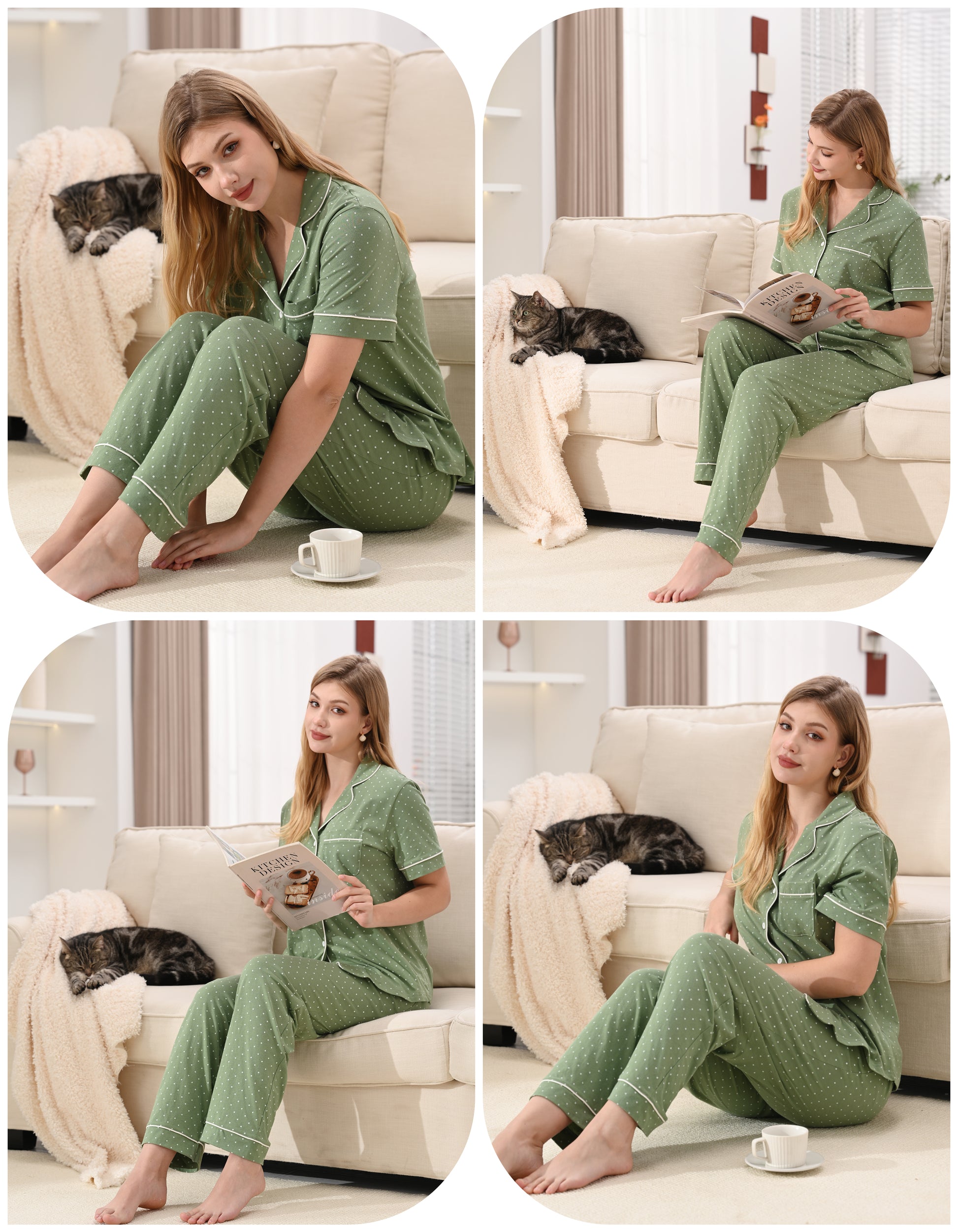 Model wearing green white polka dot cotton pajama set relaxing at home