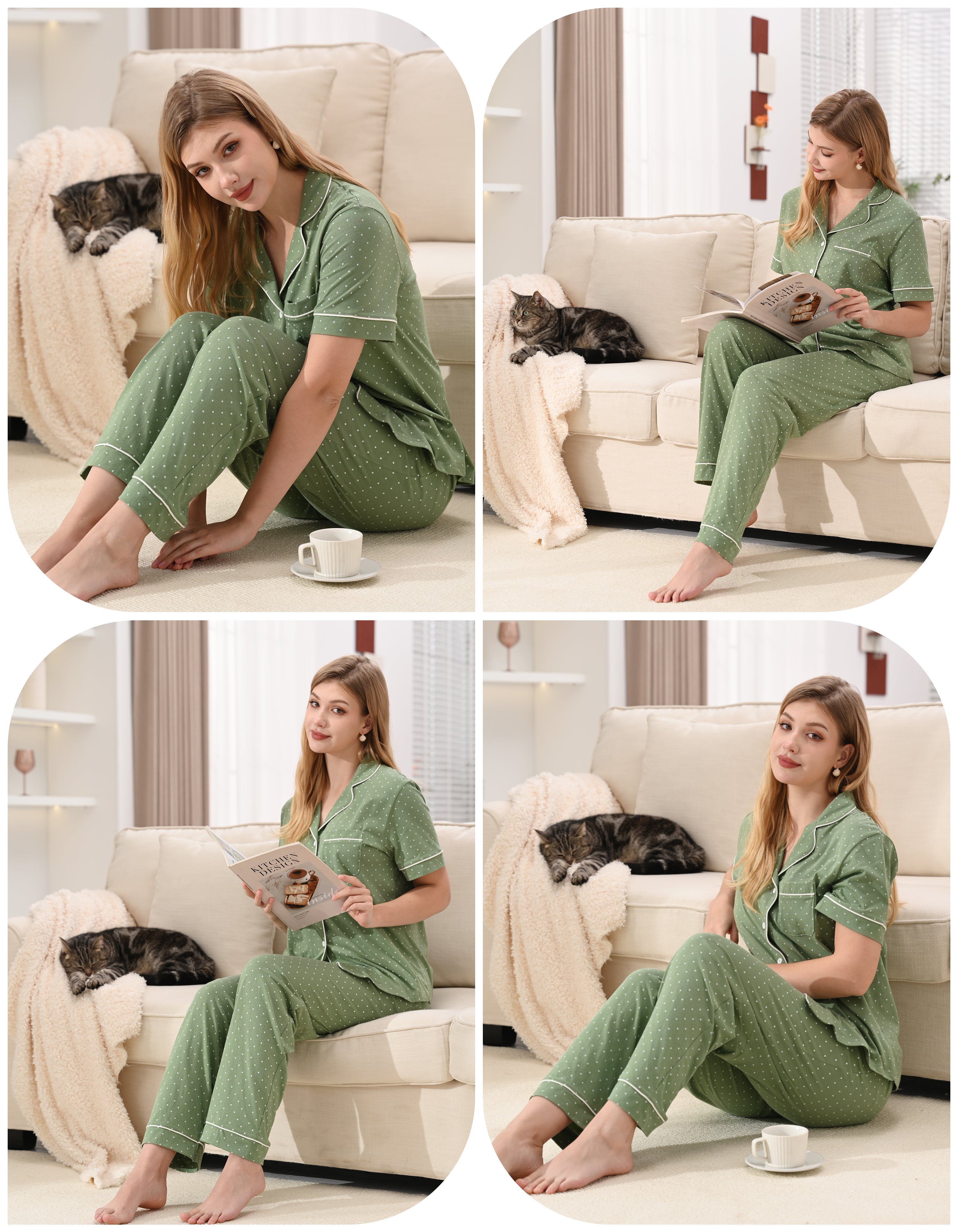 Model wearing green white polka dot cotton pajama set relaxing at home