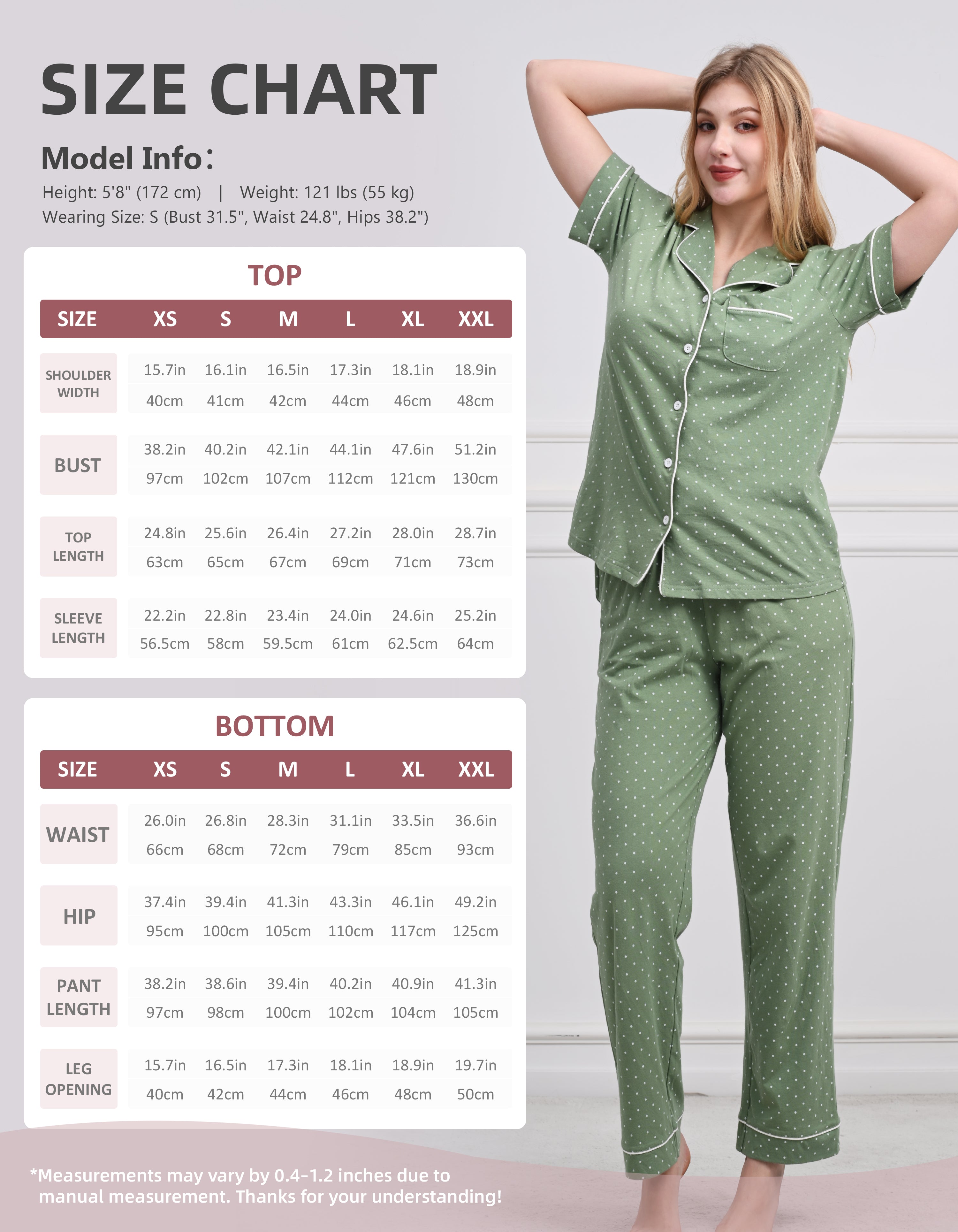 Size chart for women green white polka dot cotton pajama set