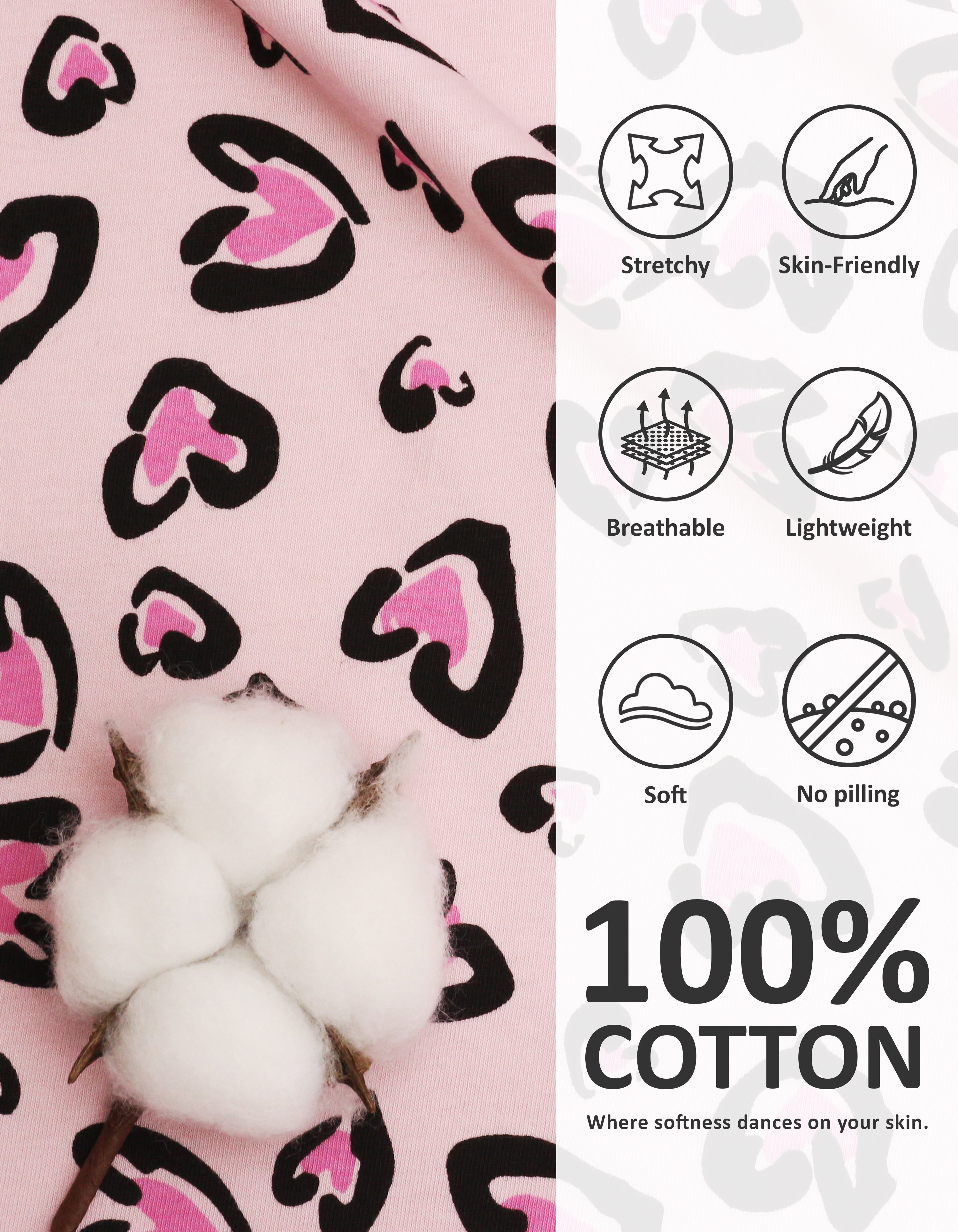Close-up of heart leopard print knit cotton pajama fabric showing softness and breathability