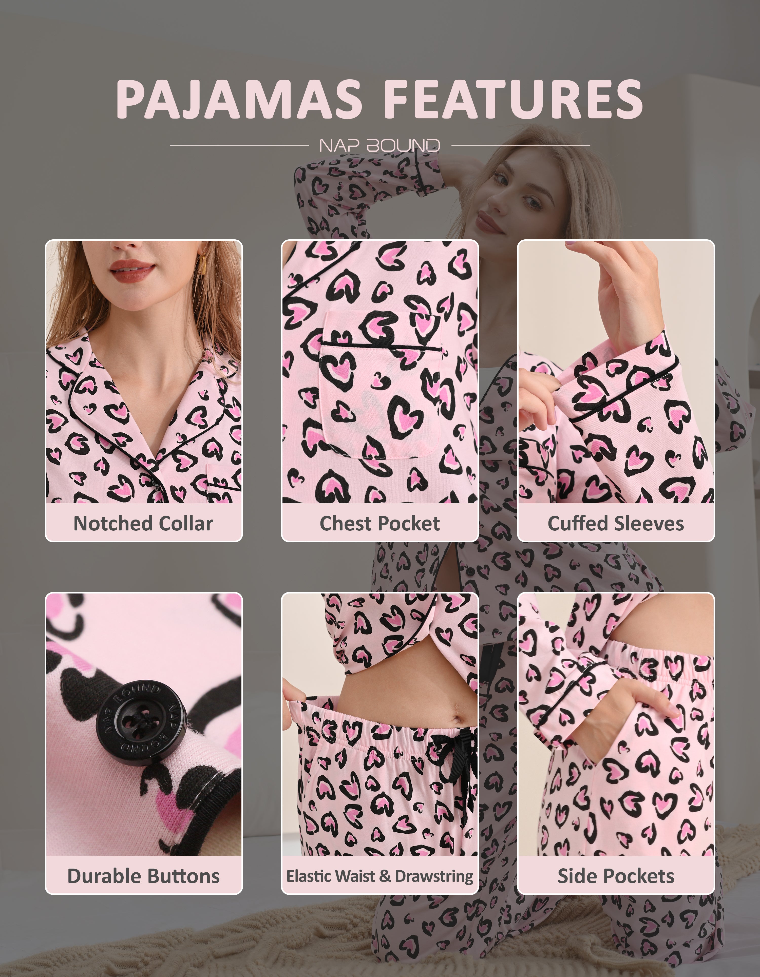 Design details of heart leopard print pajamas including notched collar, chest pocket, cuffs, buttons and drawstring waist