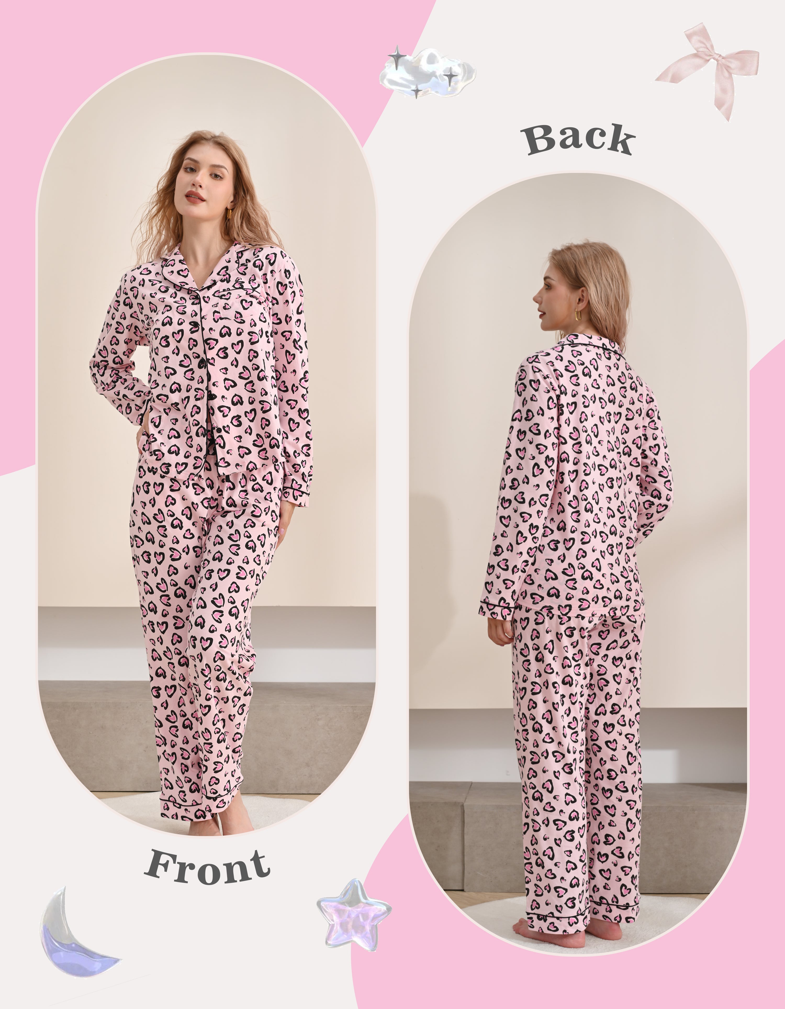 Front and back view comparison of women’s heart leopard print knit cotton pajama set