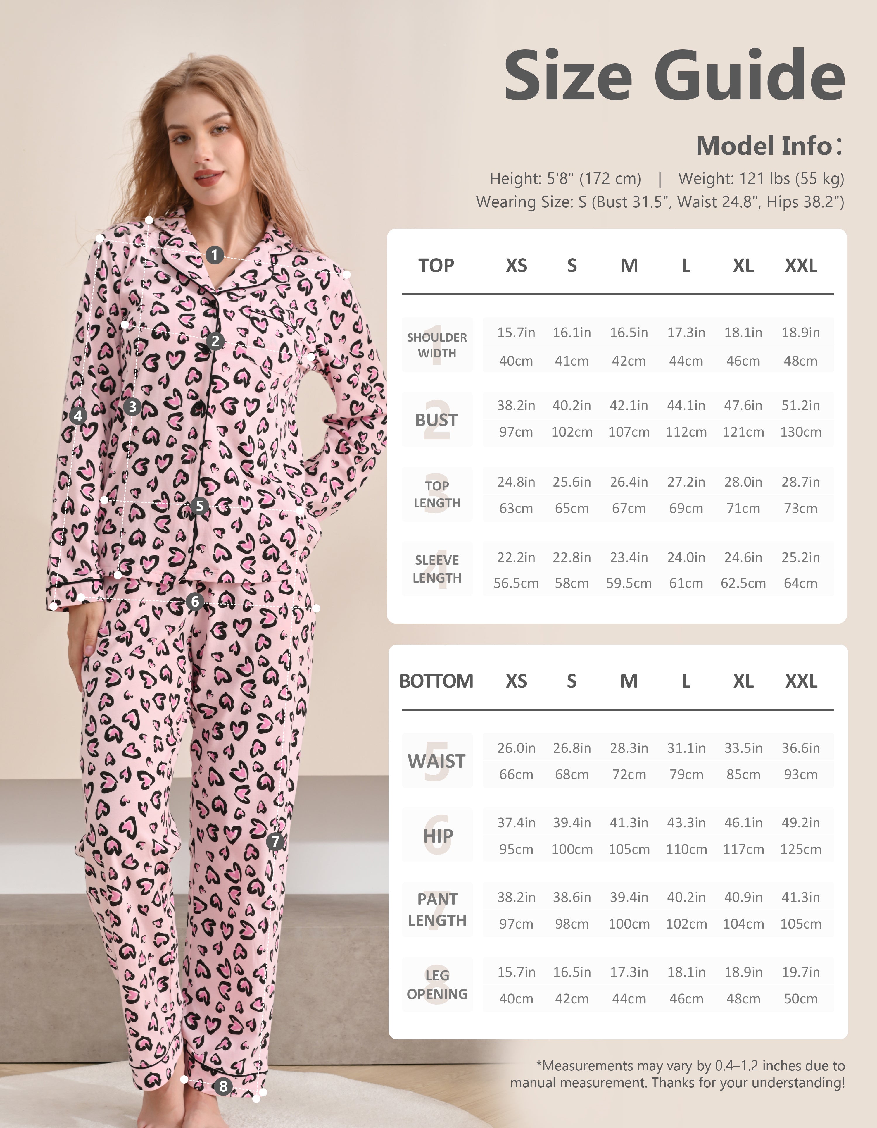Size chart for women’s heart leopard print knit cotton pajama set top and pants