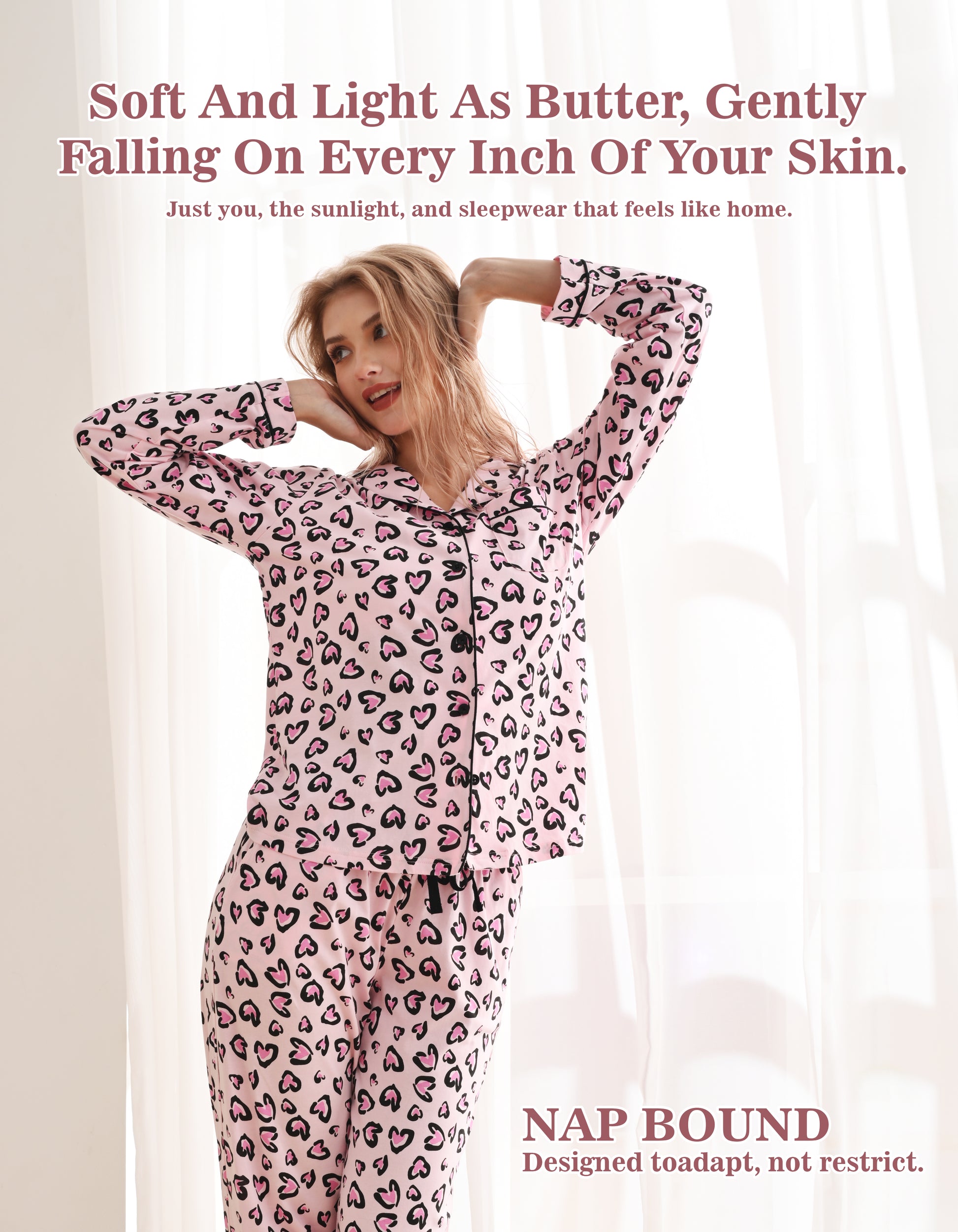 Woman wearing heart leopard print cotton pajamas in soft sunlight indoor scene