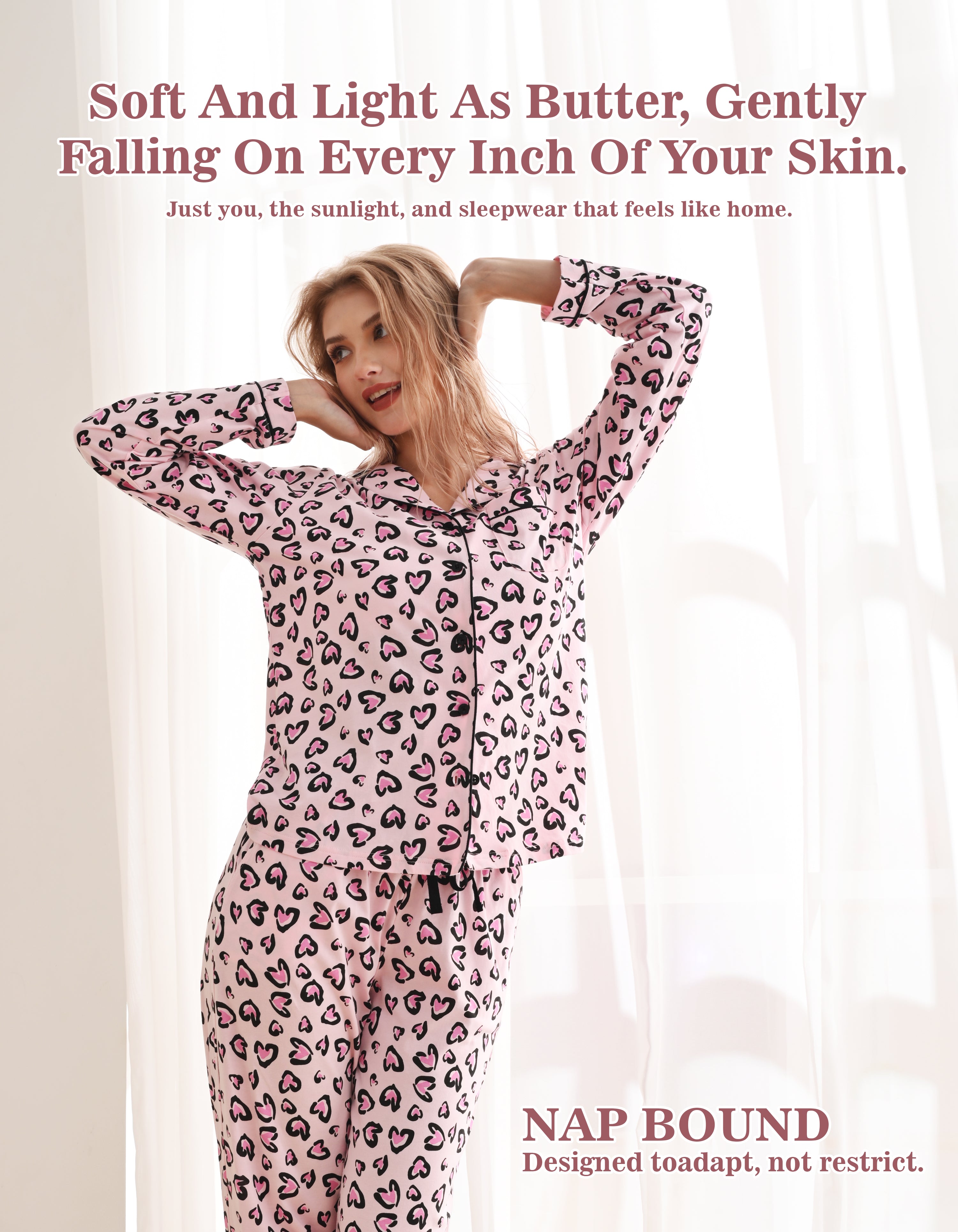 Woman wearing heart leopard print cotton pajamas in soft sunlight indoor scene