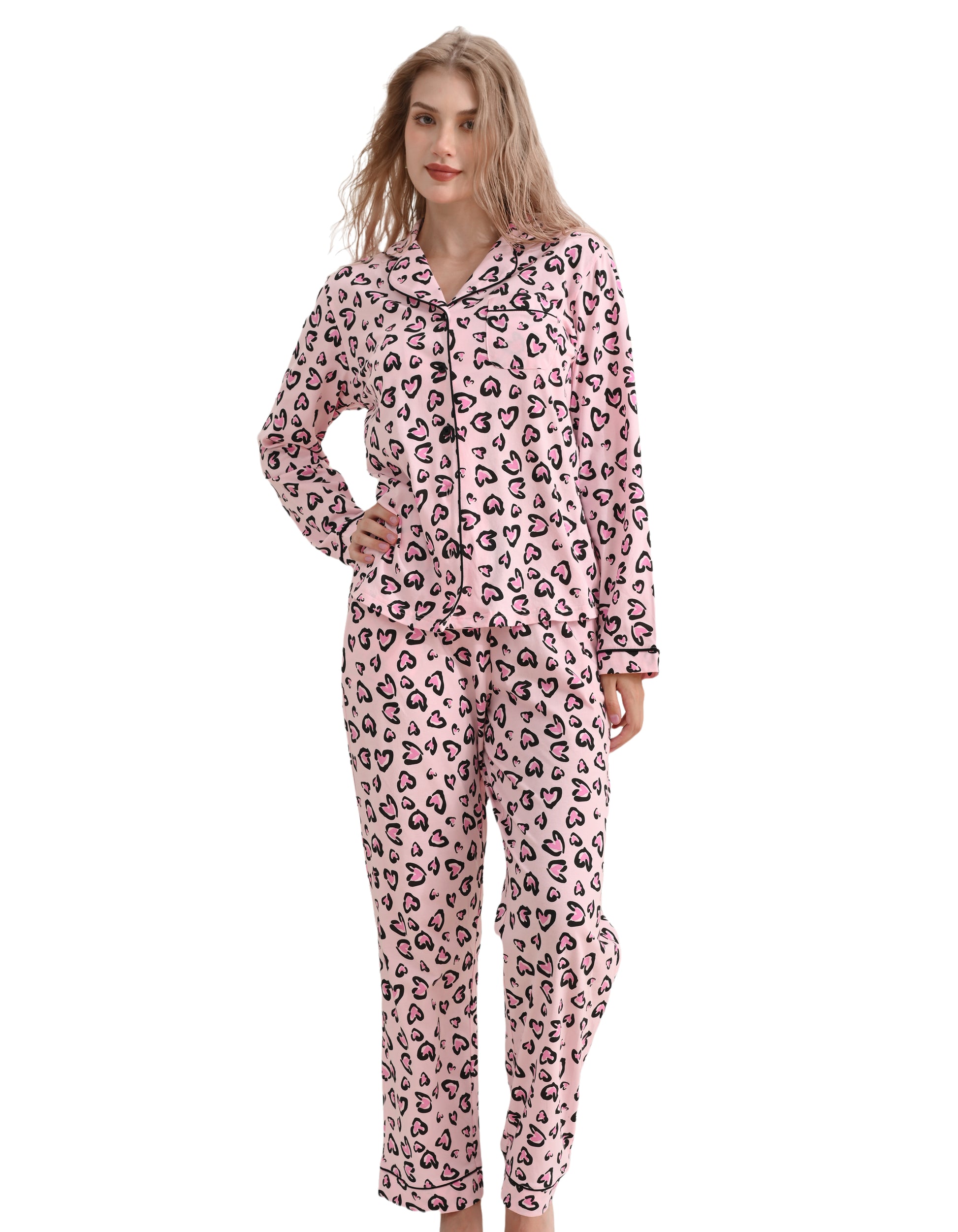 Women’s heart leopard print knit cotton pajama set front view on white background