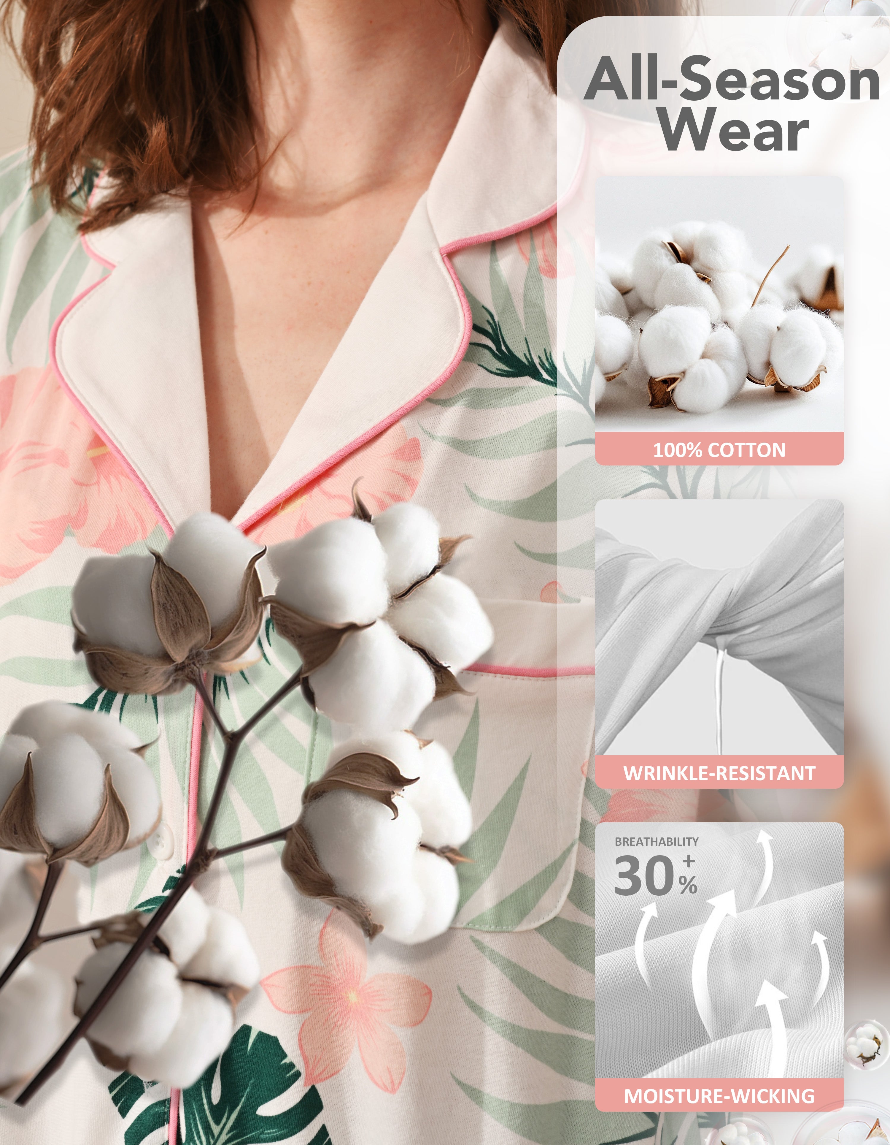 Close-up of hibiscus leaf print cotton pajama fabric showing breathable and soft texture