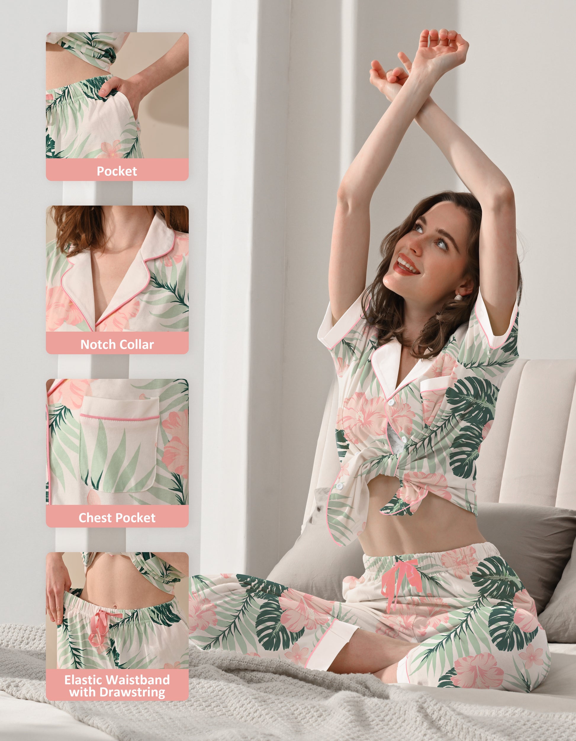 Details of hibiscus leaf cotton pajamas including notch collar, chest pocket and elastic waistband