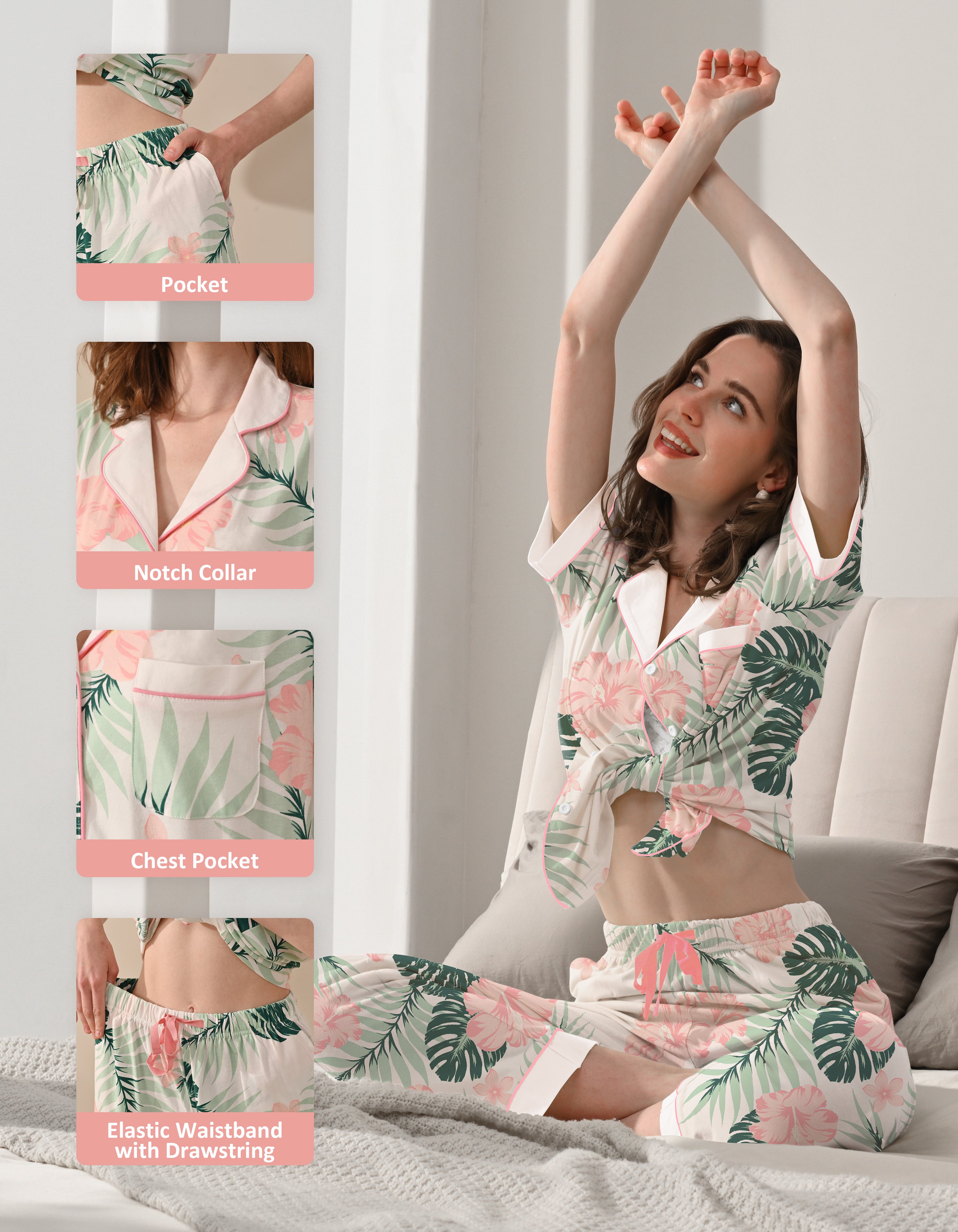 Details of hibiscus leaf cotton pajamas including notch collar, chest pocket and elastic waistband
