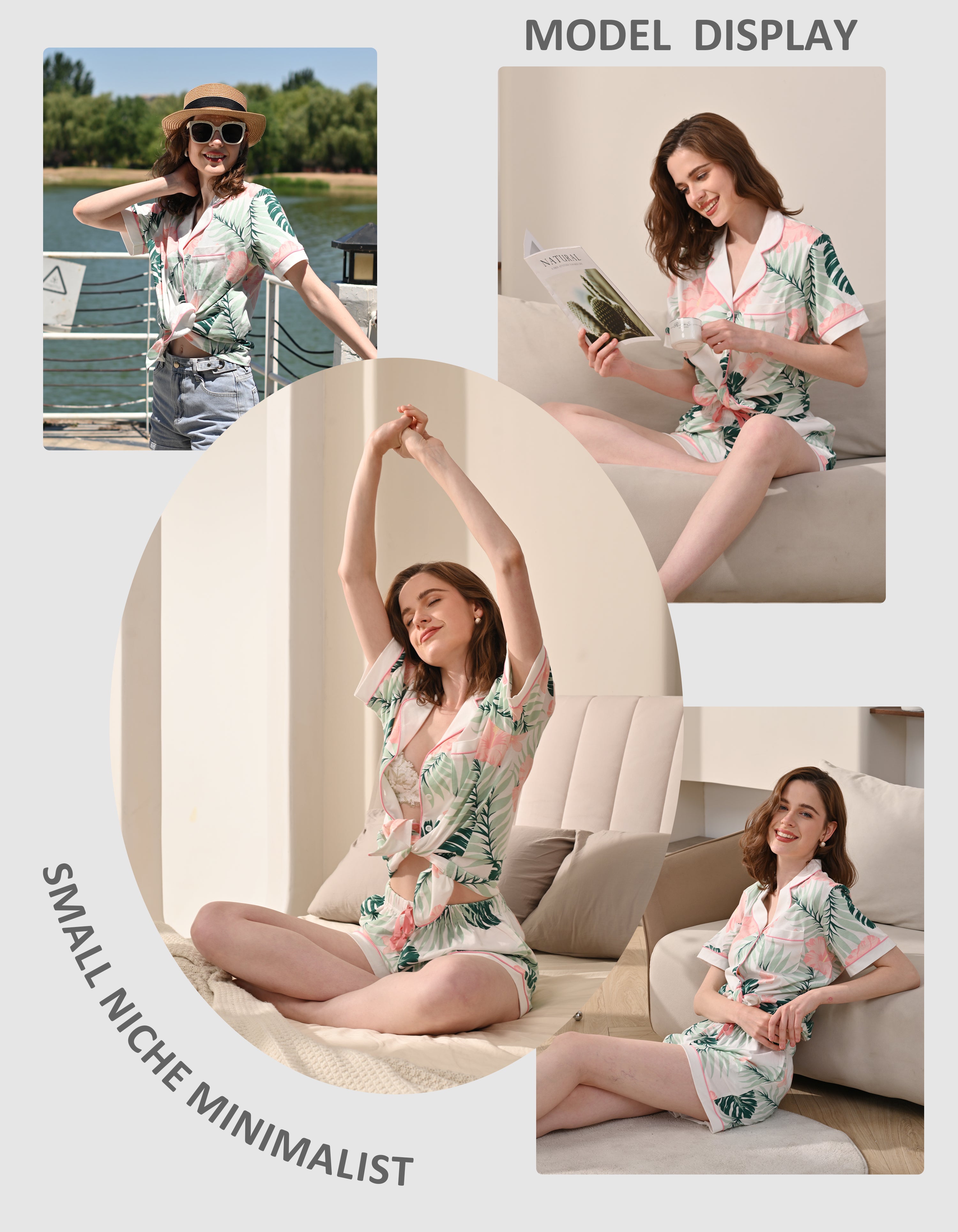 Model wearing hibiscus leaf print knit cotton pajamas in cozy home and living room scenes