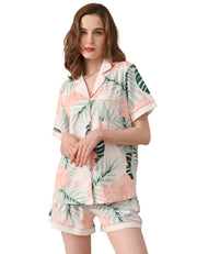 Hibiscus leaf print women’s knit cotton pajama set with short sleeve top and shorts on white background