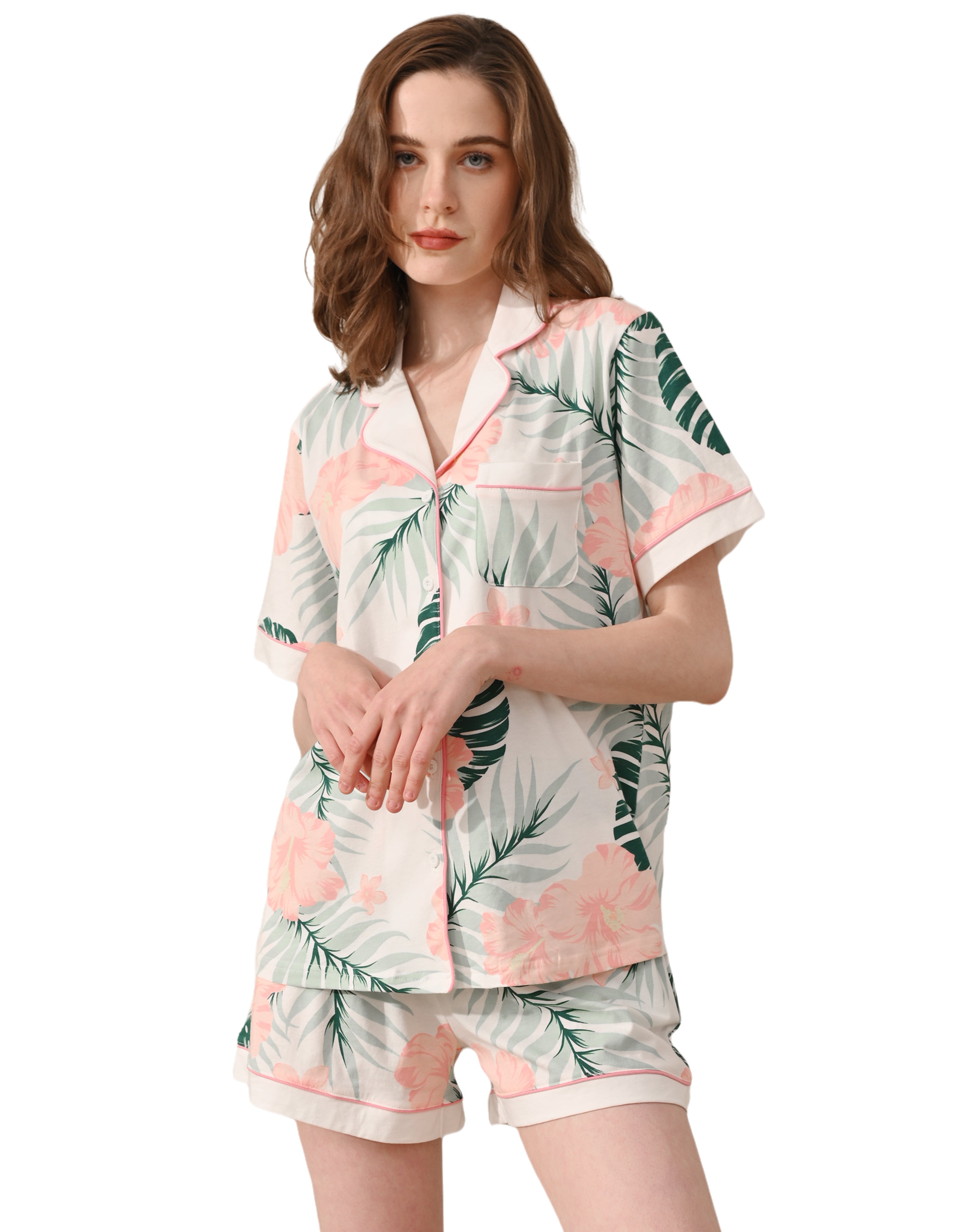 Hibiscus leaf print women’s knit cotton pajama set with short sleeve top and shorts on white background
