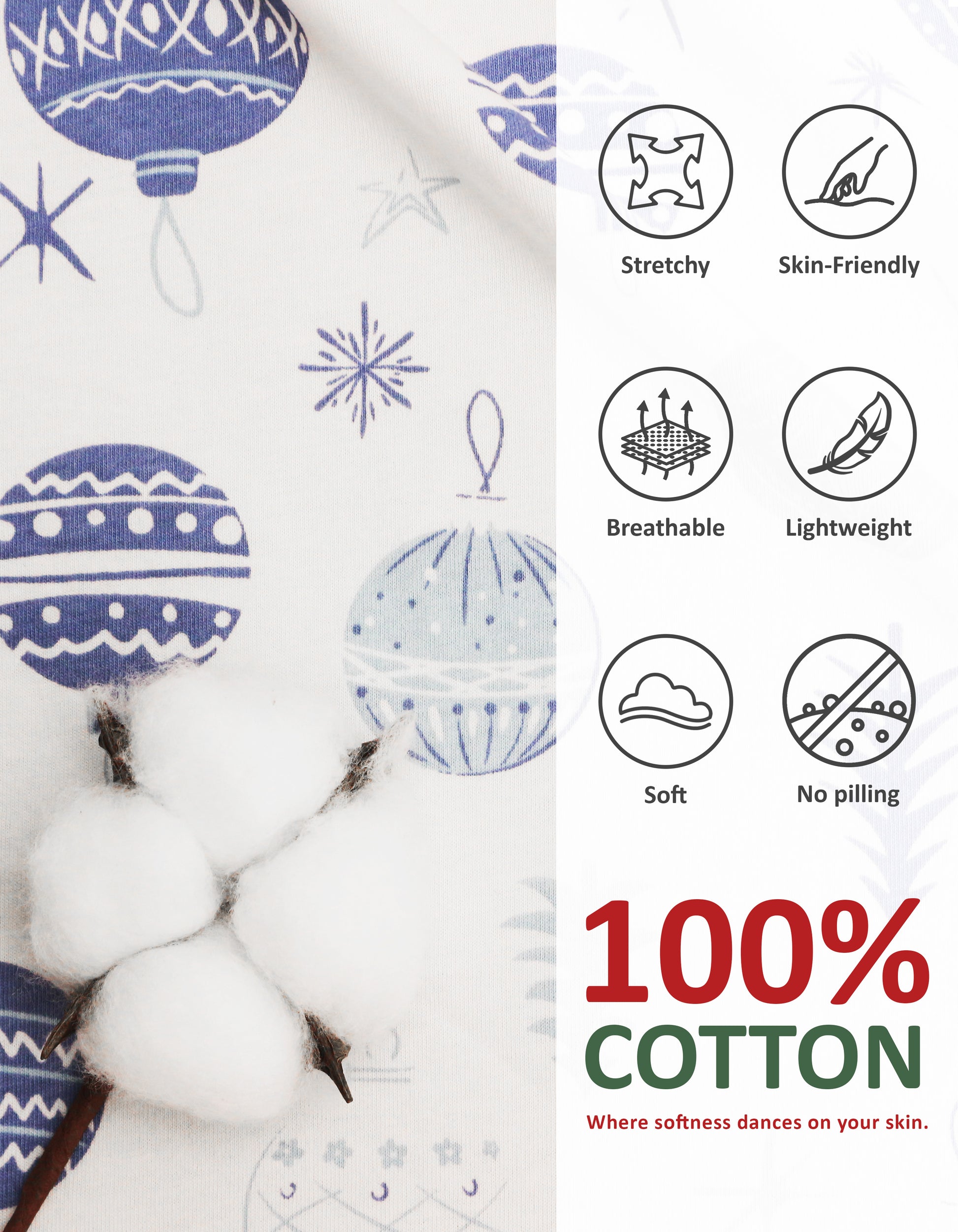 Close-up of blue Christmas ornament knit cotton pajama fabric showing softness and breathability