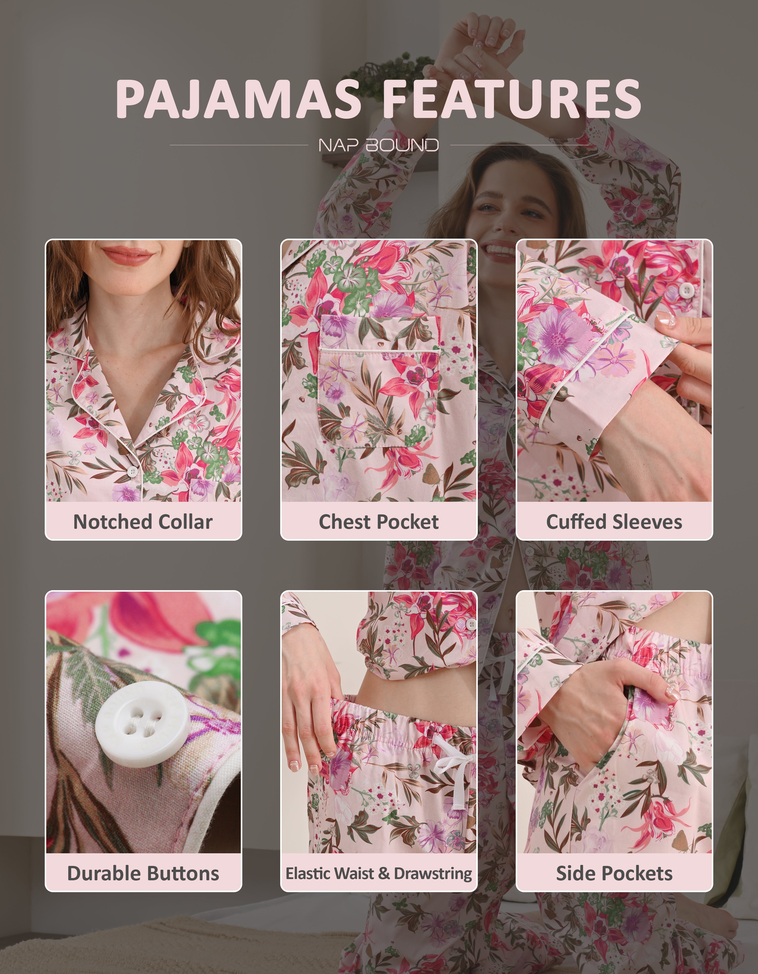 Design details of iris floral print pajamas including notched collar, chest pocket, cuffed sleeves, and drawstring waist