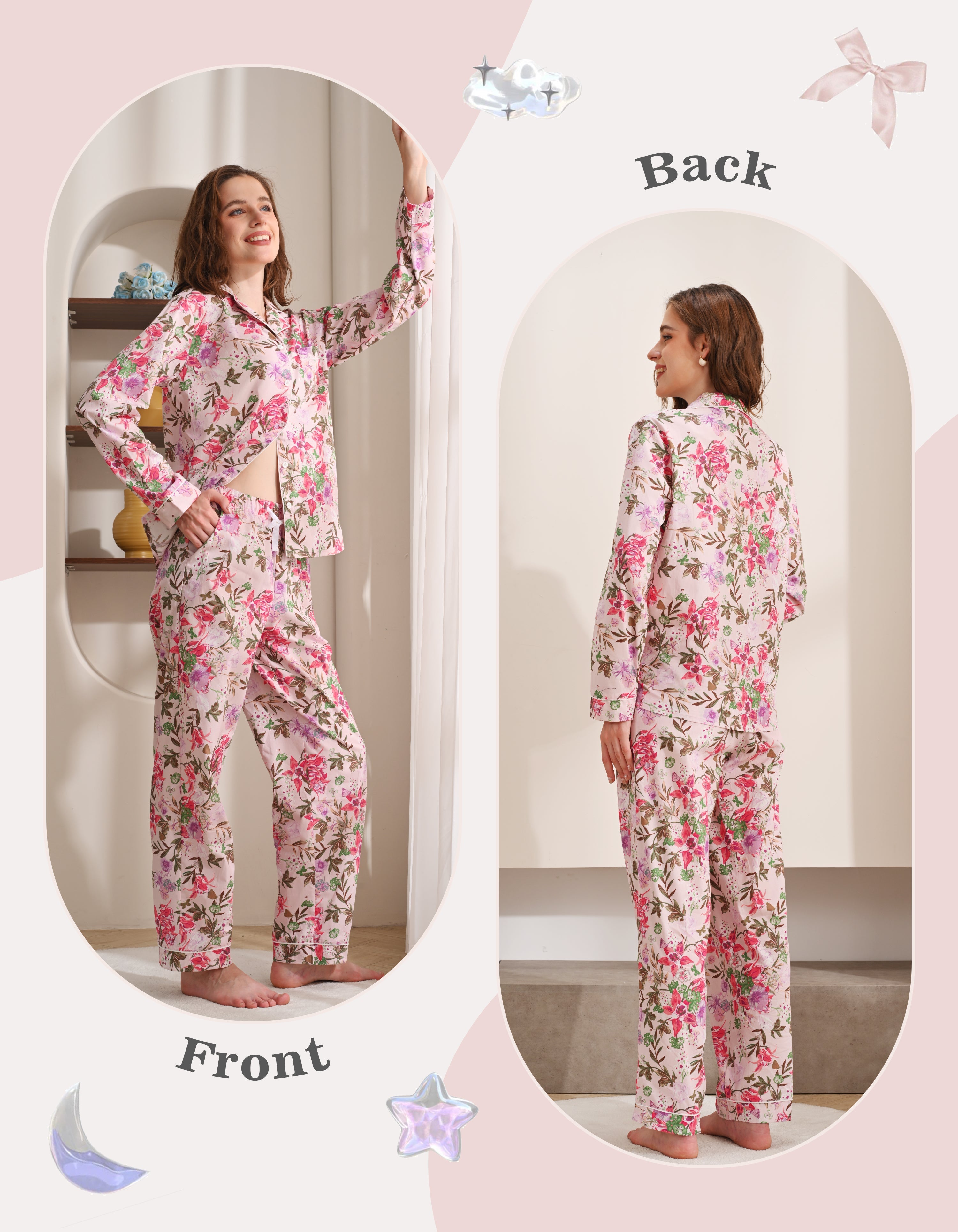 Front and back view comparison of iris floral print women’s woven cotton pajama set