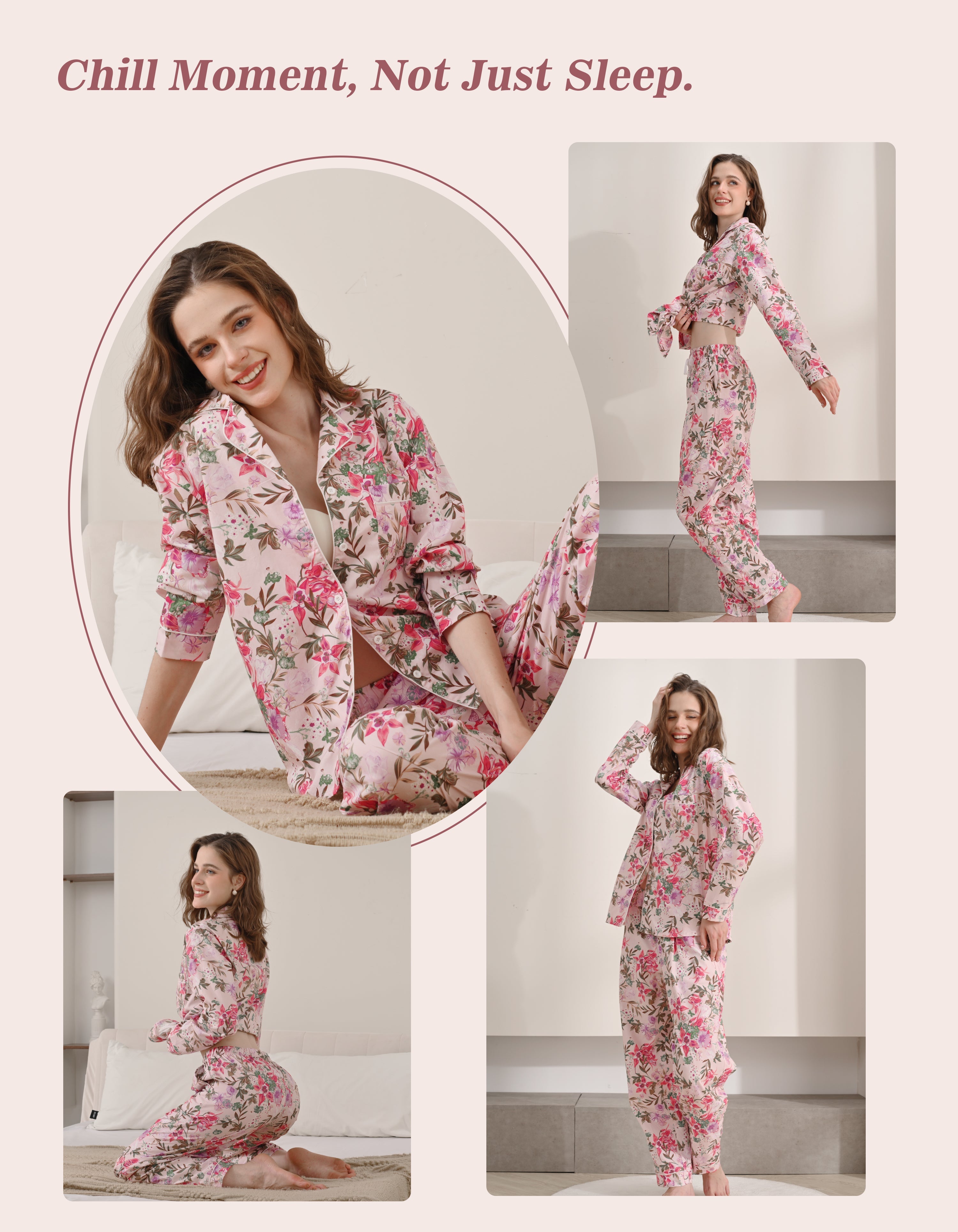 Model wearing iris floral print woven cotton pajamas in cozy home and relaxing scenes