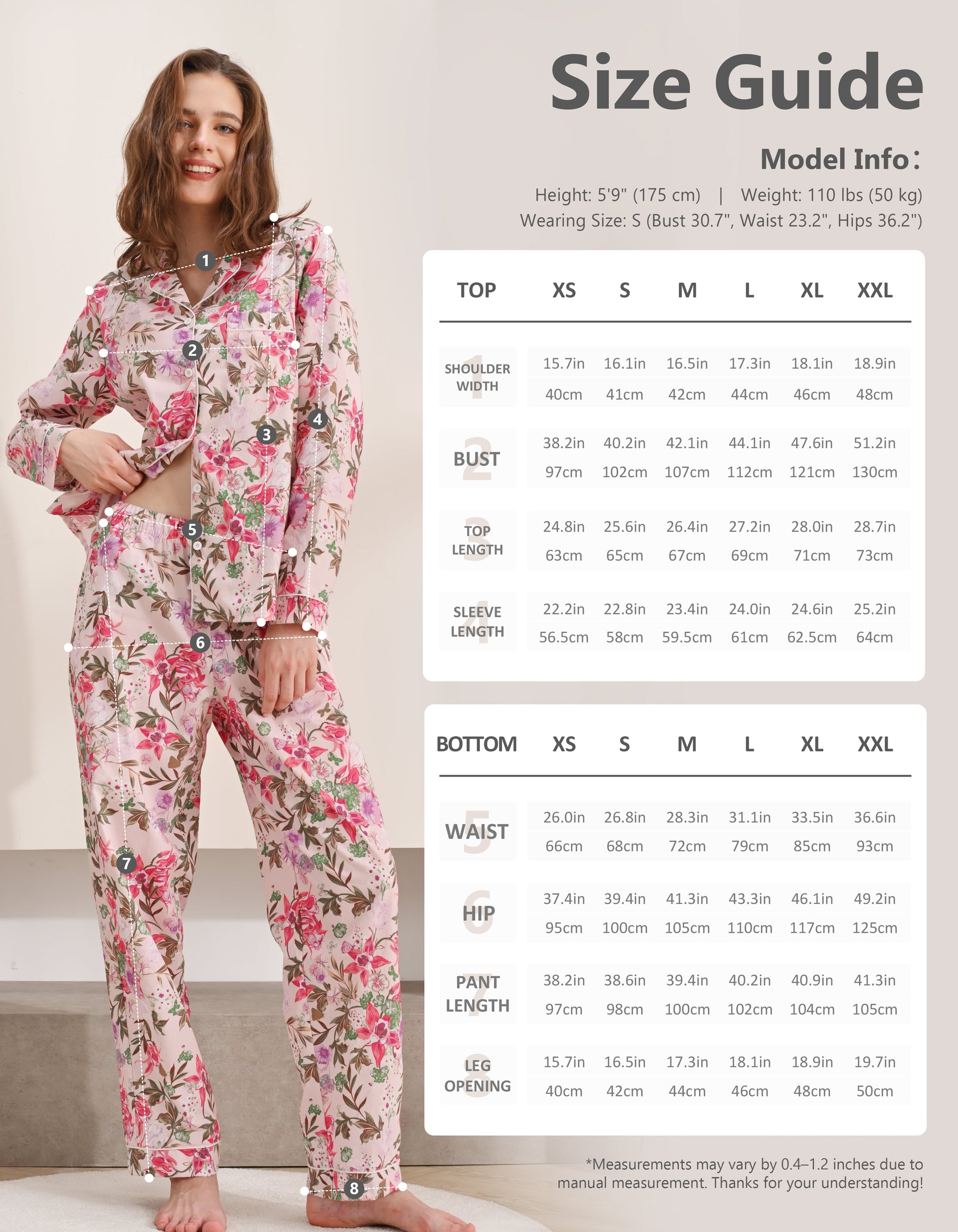 Size chart for women’s iris floral print woven cotton pajama set top and pants