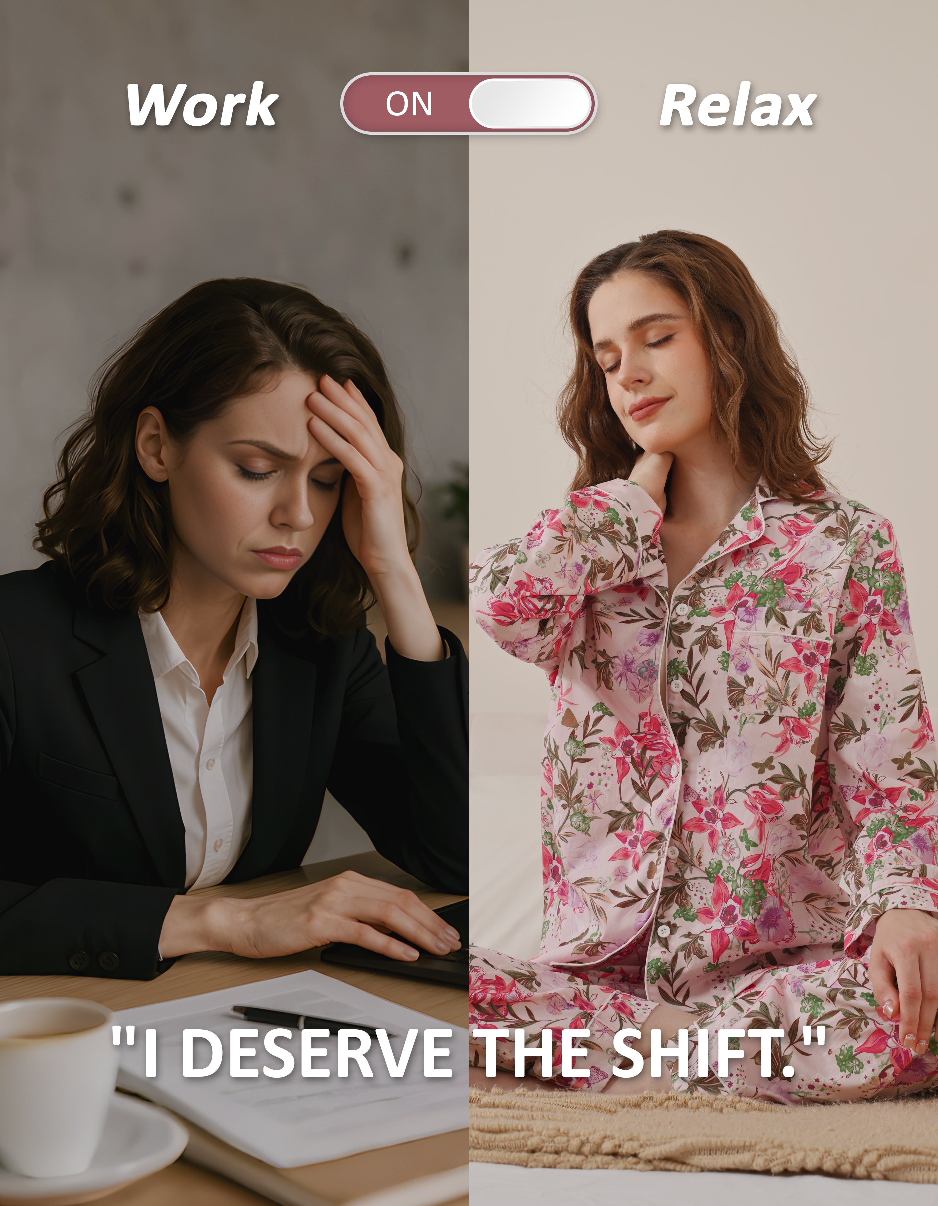 Work to relax lifestyle comparison showing women wearing iris floral print woven cotton pajamas