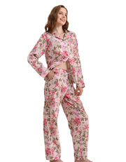Iris floral print women’s woven cotton pajama set front view on white background